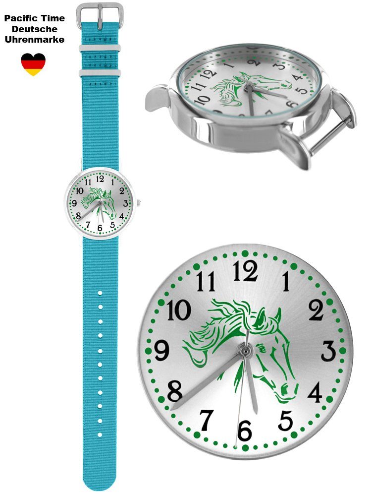 Kinder Kinderuhren Pacific Time Quarzuhr Mädchen Armbanduhr Pferd grün Nylon Wechselarmband hellblau 10208, Gratis Versand