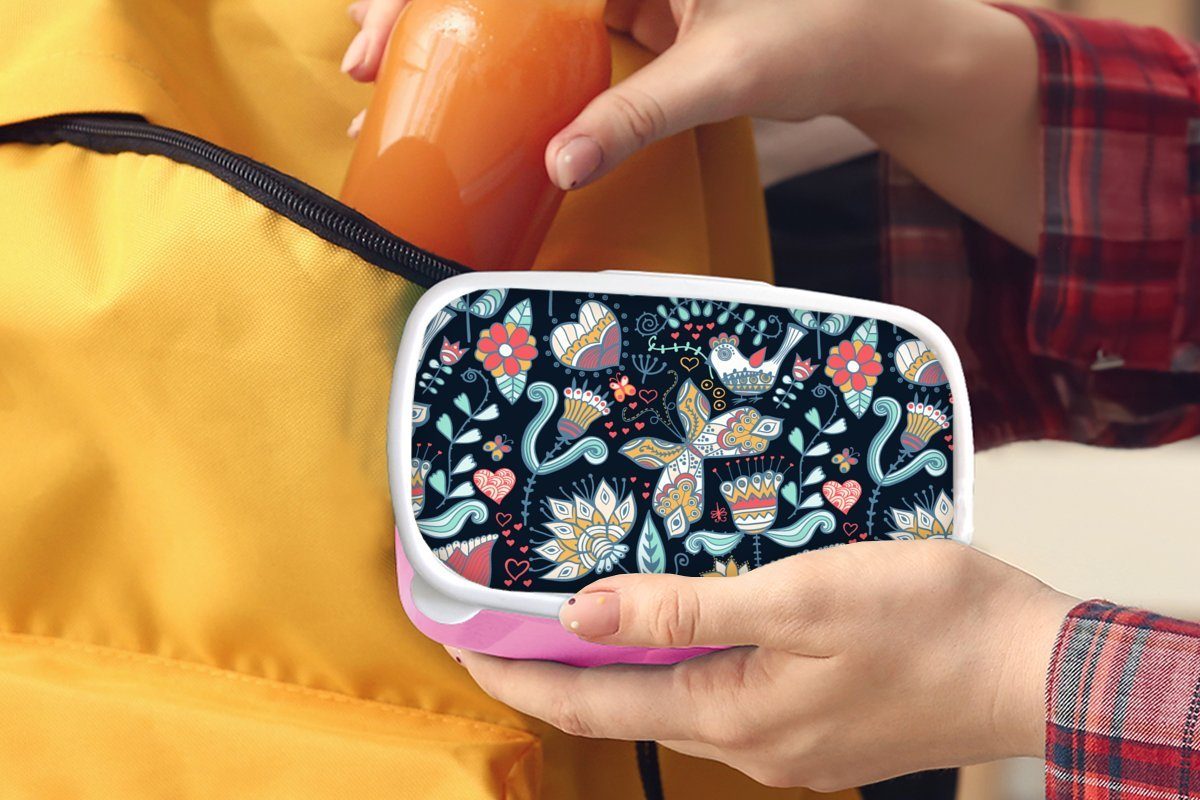 MuchoWow Lunchbox Schmetterling - Vogel Erwachsene, für Brotbox Kunststoff, Blume Kunststoff Snackbox, - - rosa Mädchen, Kinder, Brotdose Muster, (2-tlg)