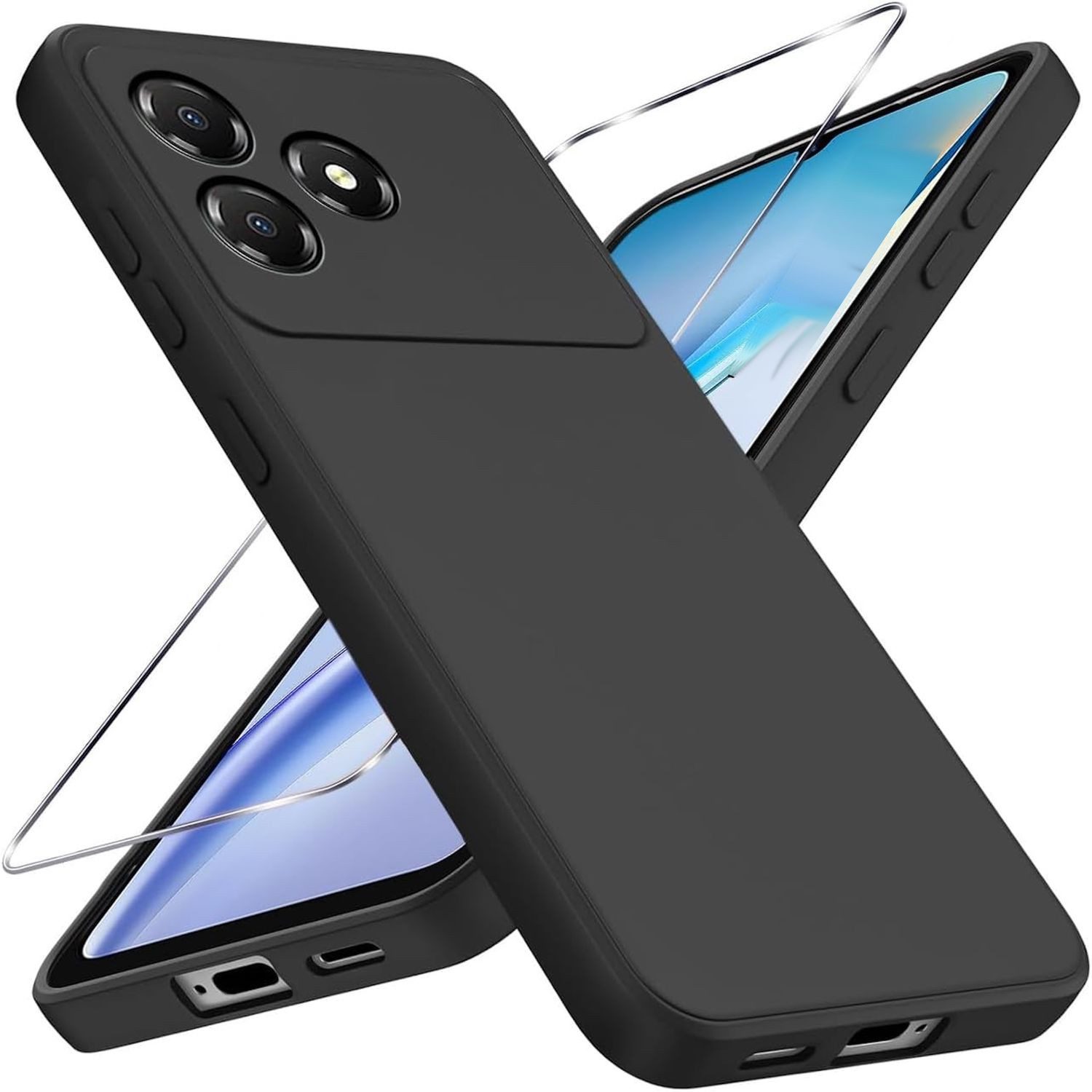 Wigento Handyhülle Für ZTE Blade A36 Silikon TPU Schutz Hülle Schwarz + 9H Hart Glas, Produktset TPU Hülle mit Hart Glas