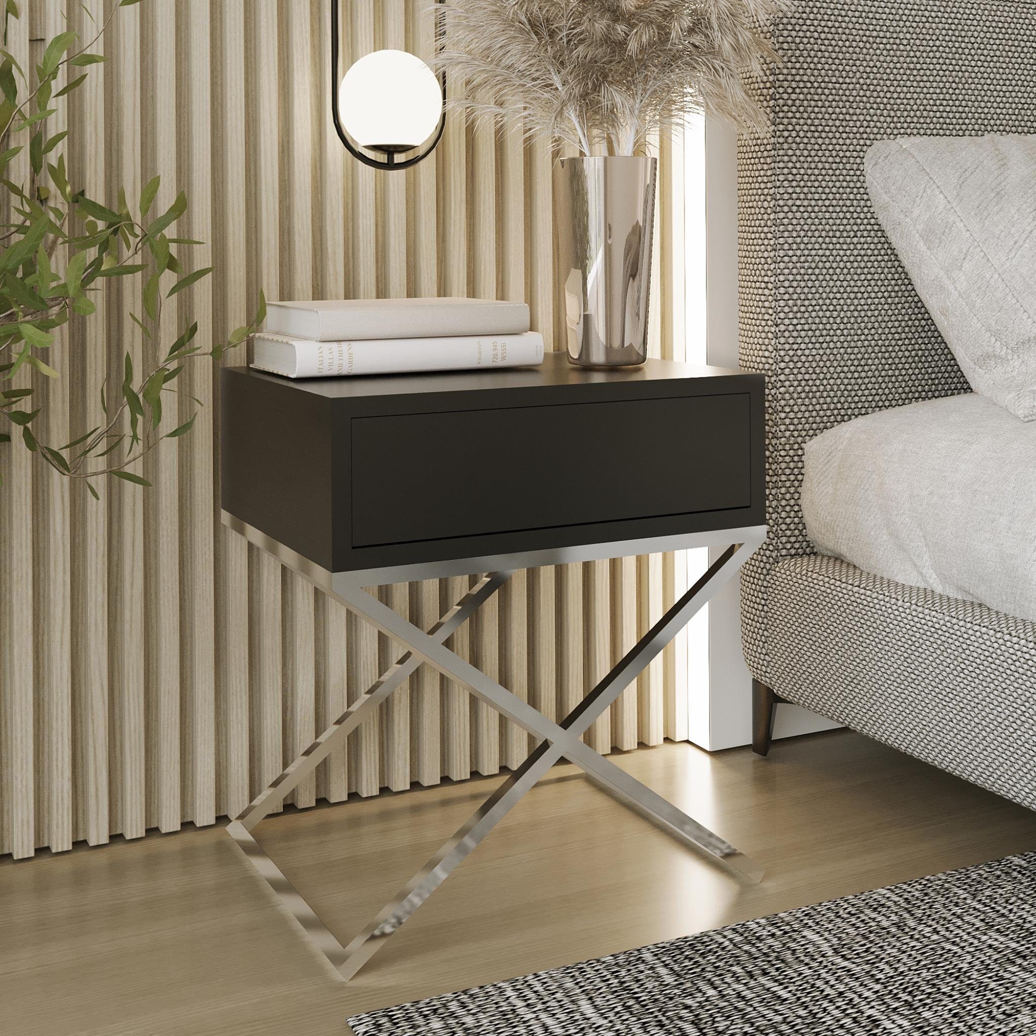 x x-förmigen 35 50 Tisch H Schublade, x modernes kleine Nachttisch Metallgestell, für 45 Schwarz x T), (B Chrom (inkl. im Schlafzimmer Max x | Deisgn cm Beautysofa