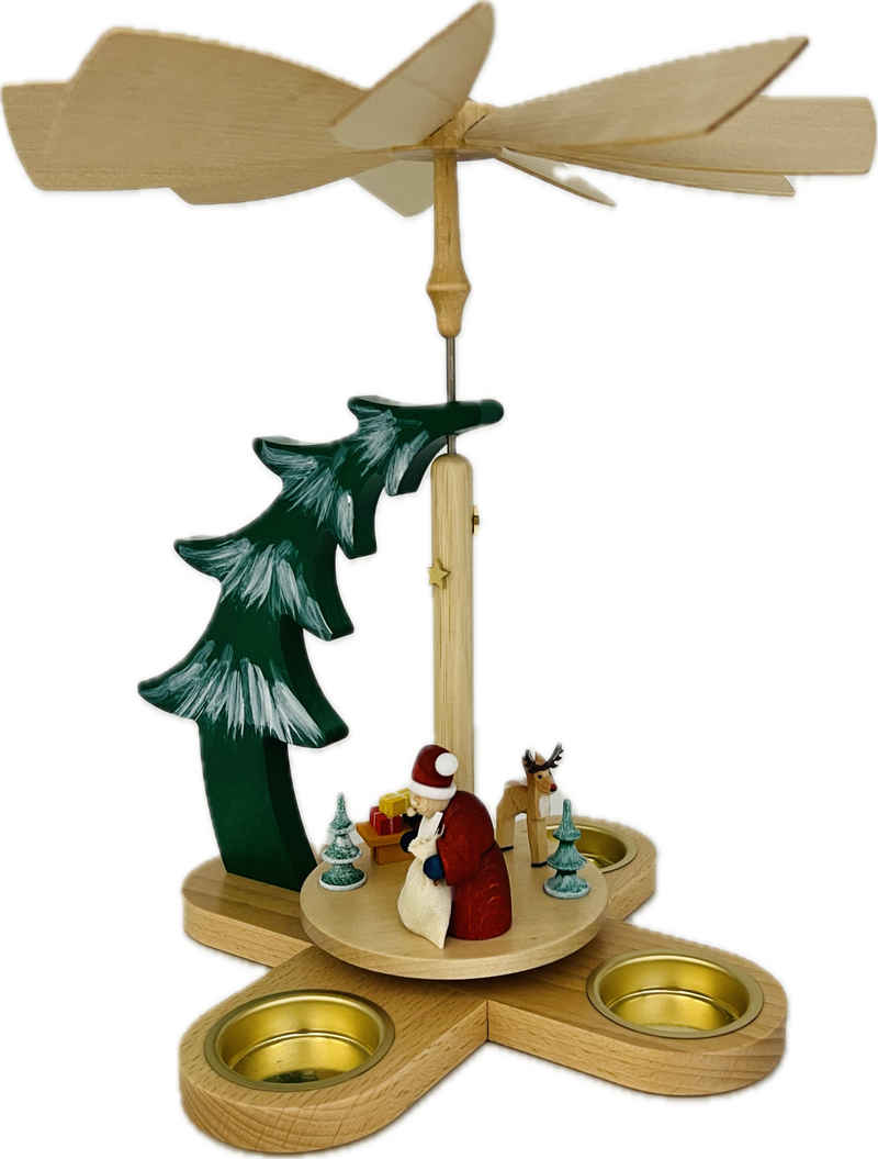 Richard Glaesser Weihnachtspyramide Tannenpyramide Weihnachtsmann mit Rentier für Teelichter, Höhe 27cm, Handwerkskunst original Erzgebirge