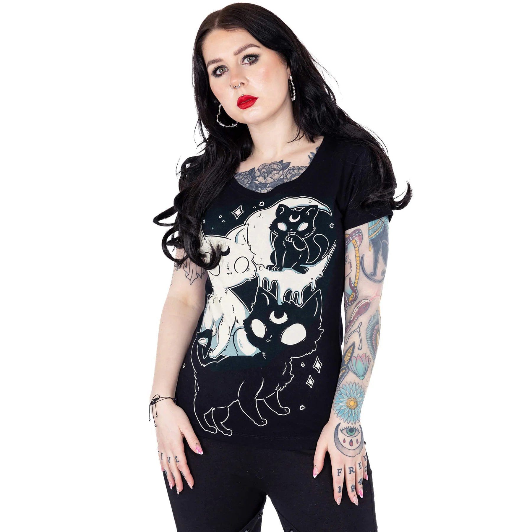 Cupcake Cult Print-Shirt Anime Gothic Top Midnight Kitty T-Shirt – Cupcake Cult Gothic Shirt Anime aus Baumwolle mit Print
