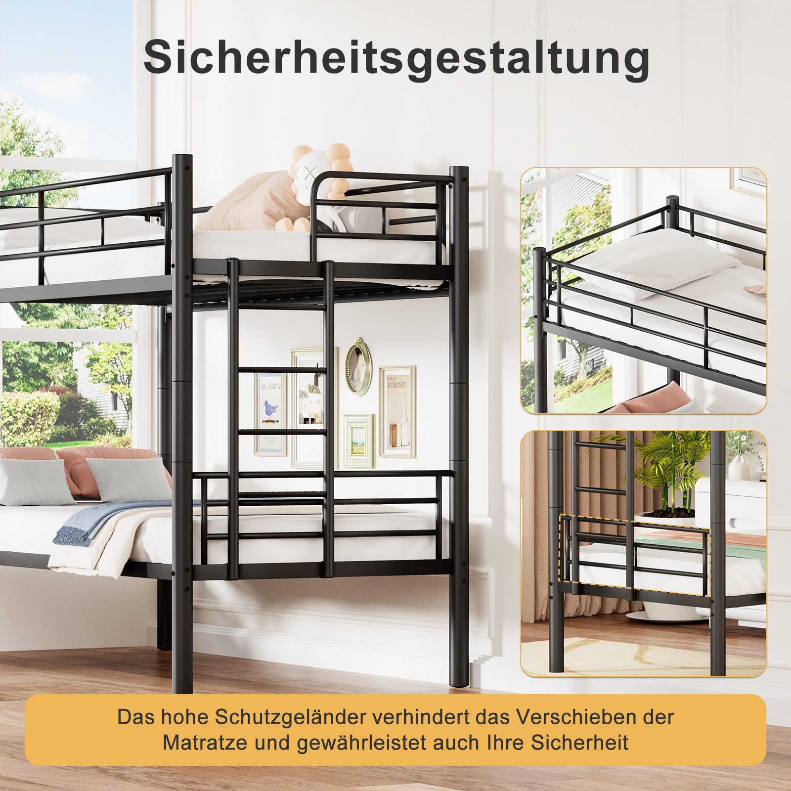 Drenice bunk bed 90x200cm, children's beds 90x200cm, iron bed, convertible to 2 single beds (Bunk Bed Kids with safety rail, convertible to 2 single beds), bunk bed with slatted base and anti-slip stairs, black