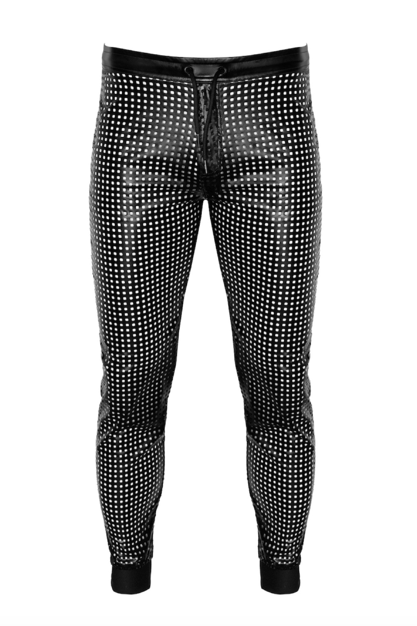 Noir Handmade Men Collection Lederimitathose Schwarze lange Herren wetlook Hose perforiert glänzend elastisch Bund