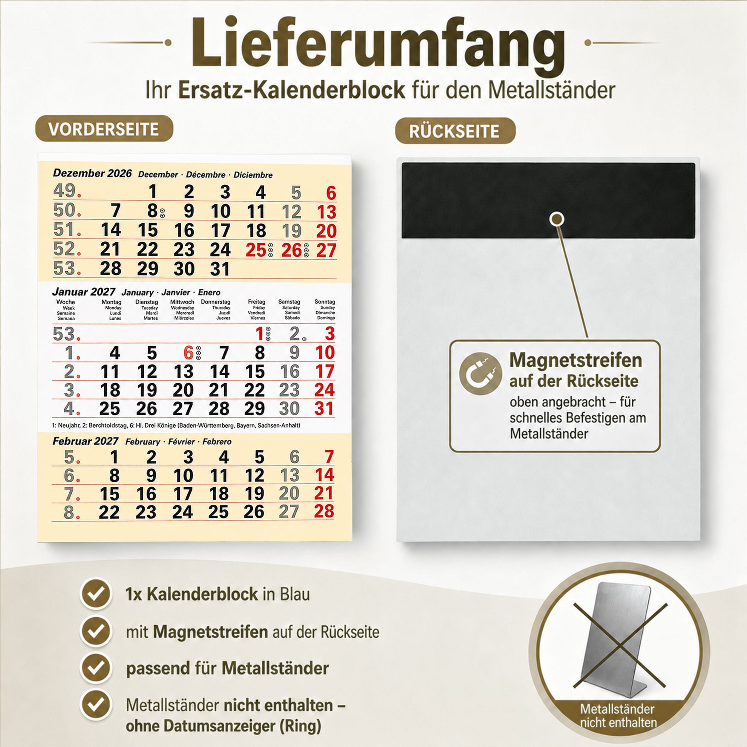TOBJA Tischkalender Ersatz-Kalendarium 2027 magnetisch für Tischkalender (Sand), Ersatzblock, ohne Aufsteller, 3 Monate, magnetisch, Feiertage