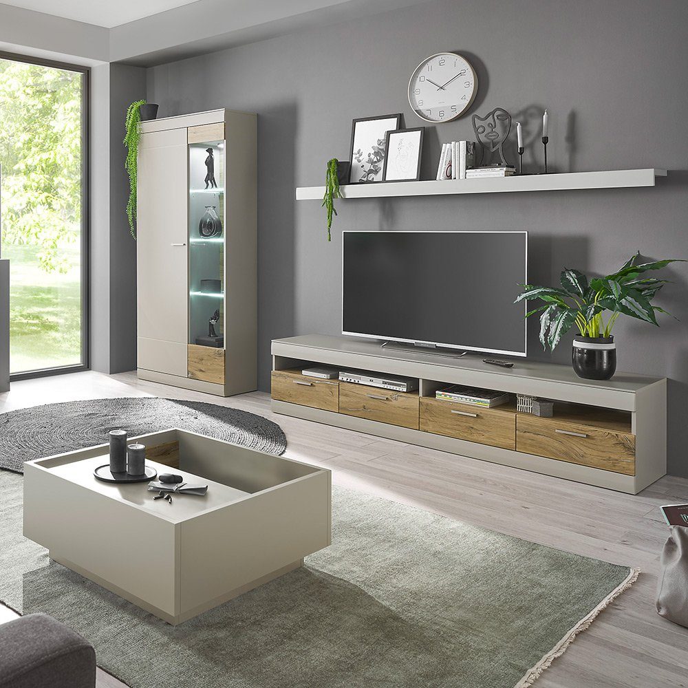 Lomadox Wohnzimmer-Set SINAIA-61, (Mega-Spar-Set, 4-tlg), Moderne mit Couchtisch in grau matt mit Zinn Eiche Nb.