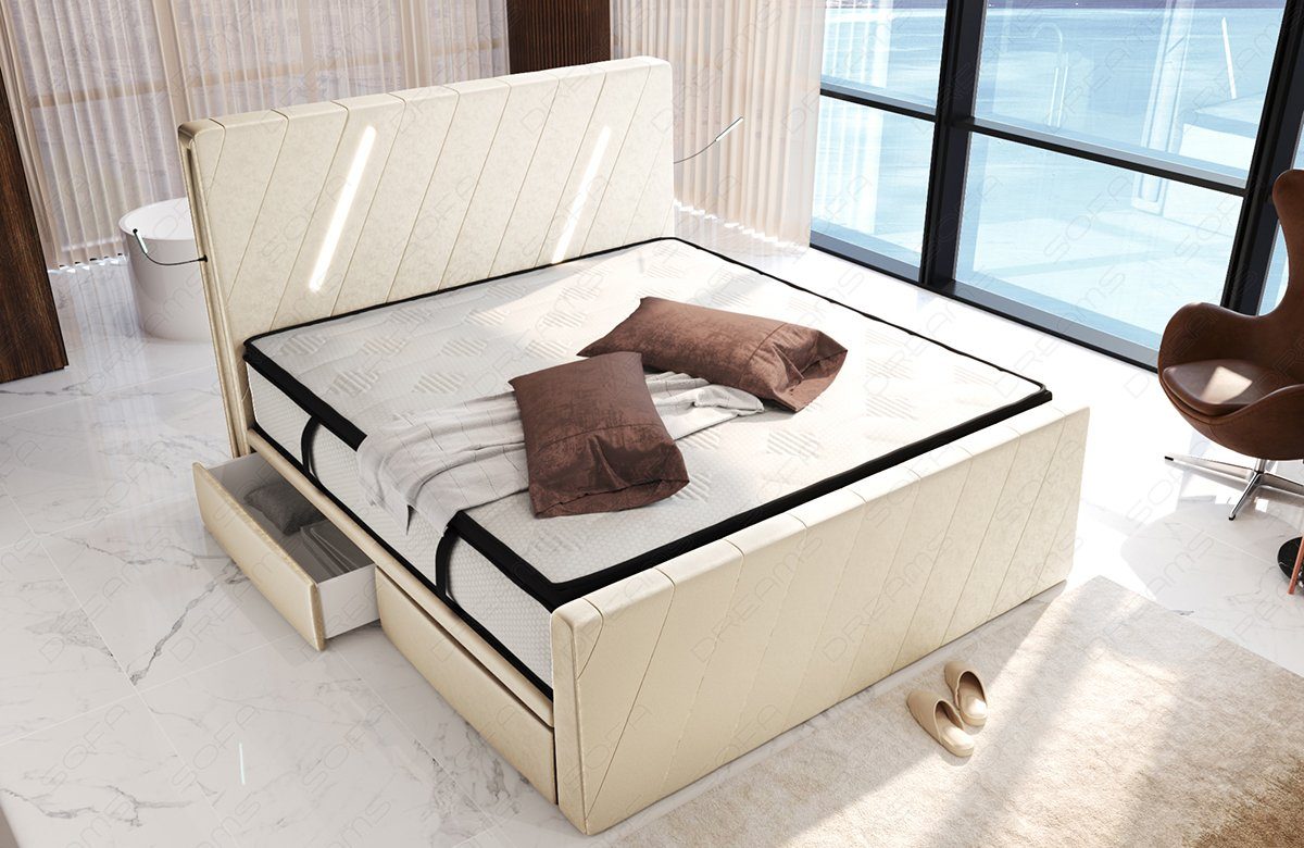 Sofa Dreams Boxspringbett Toulon (6 Teile), Designerbett, Samtstoff, LED-Beleuchtung, Schubladen, Matratze, Topper