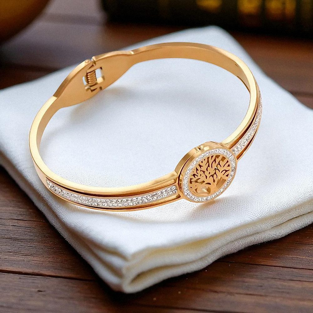 Taffstyle Armband Lebensbaum Damen Armband Edelstahl 18K vergoldet Strass Elegant (Filigranes Damen-Armband mit einem Lebensbaum-Motiv), Der Klappverschluss ist praktisch, sicher und sorgt für guten Halt