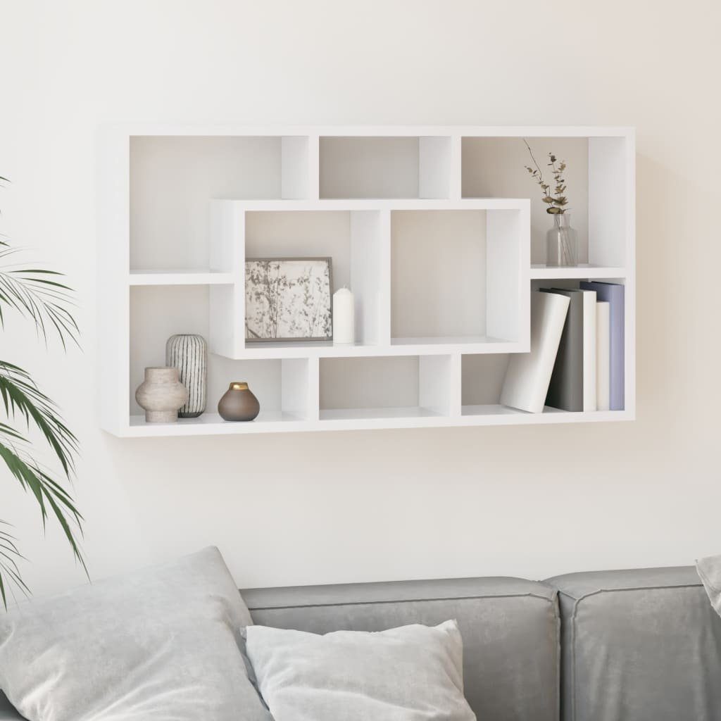 furnicato Wandregal 85x18x85 cm Hochglanz-Weiß aus Holzwerkstoff, 1-tlg., Stabiles Bücherregal mit 8 Fächern und unsichtbarem Montagesystem
