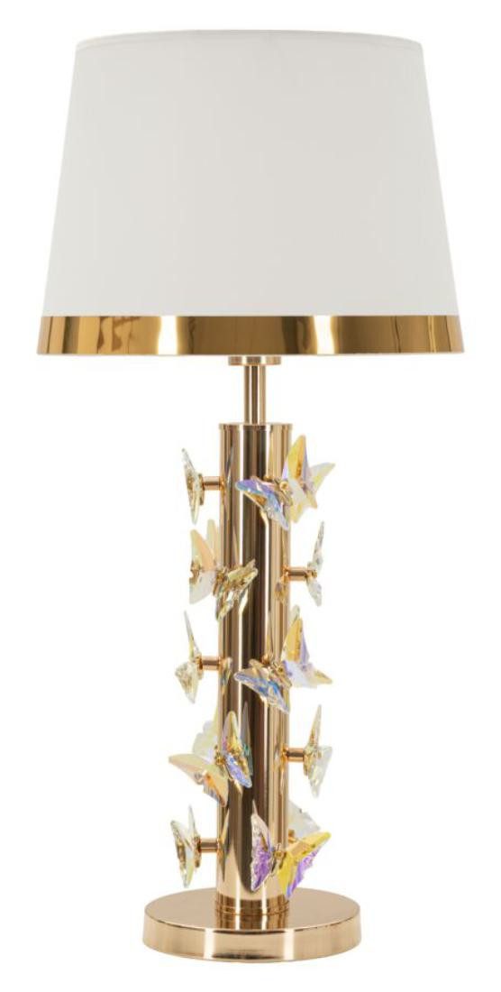 Natur24 Tischleuchte Tischlampe Butterfly 35 x 74 x 35 cm Eisen Metall Glas Stoff Gold Weiß