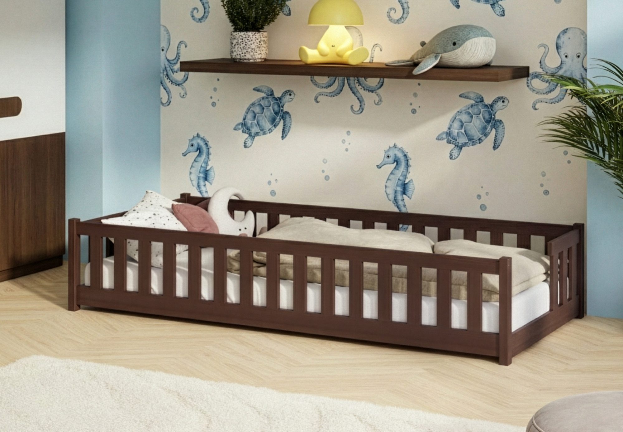Kids Collective Kinderbett Bodenbett mit Rausfallschutz & Lattenrost Montessori Betten Kinder (Verfügbare Größen: 80 x 160, 80 x 180, 90 x 190, 90 x 200, 120 x 200, 140 x 200 cm), Jugendbett Einzelbett Zartbitterschokolade 90x200 cm