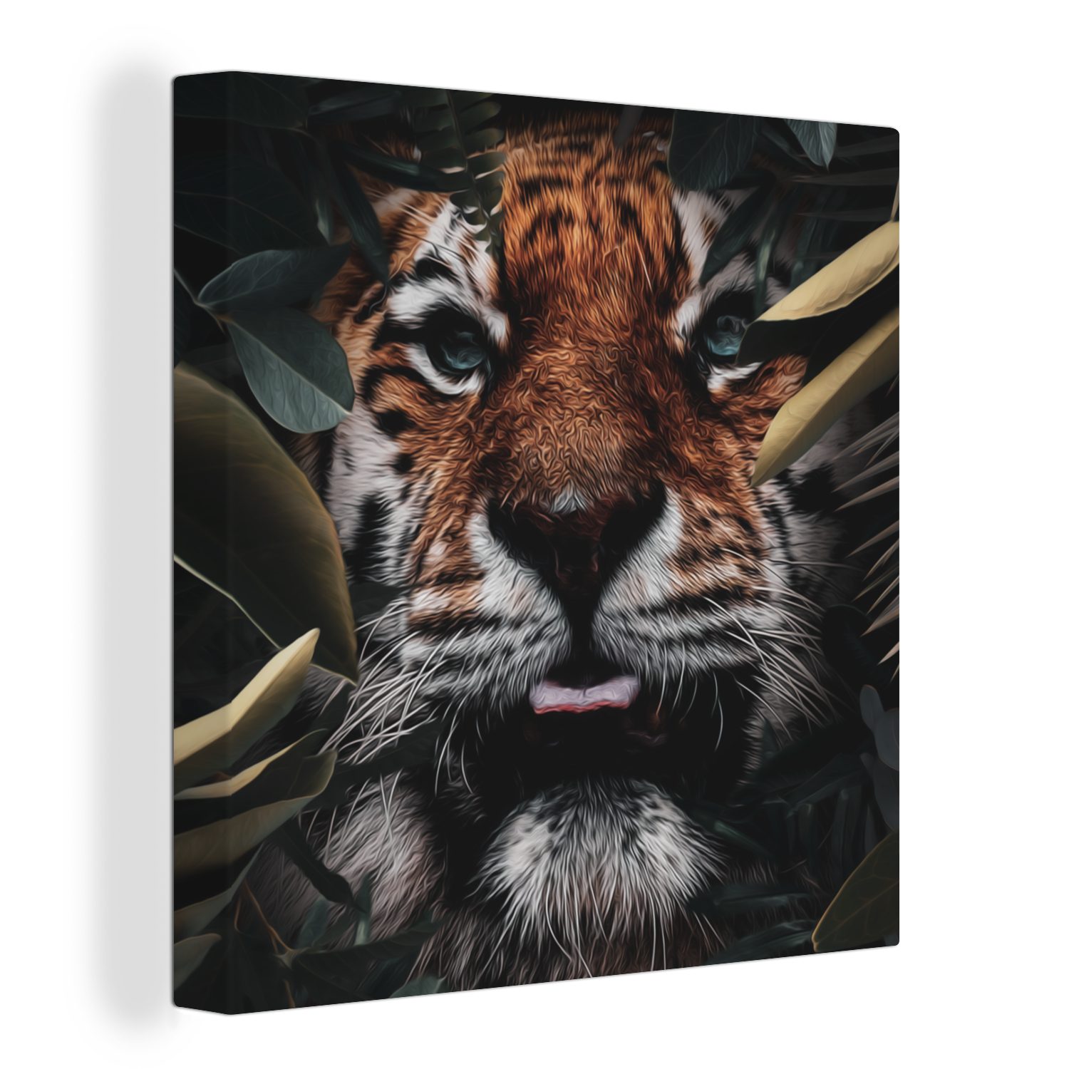 OneMillionCanvasses® Leinwandbild Tiger - Blatt - Tiere, (1 St), Leinwand Bilder für Wohnzimmer Schlafzimmer