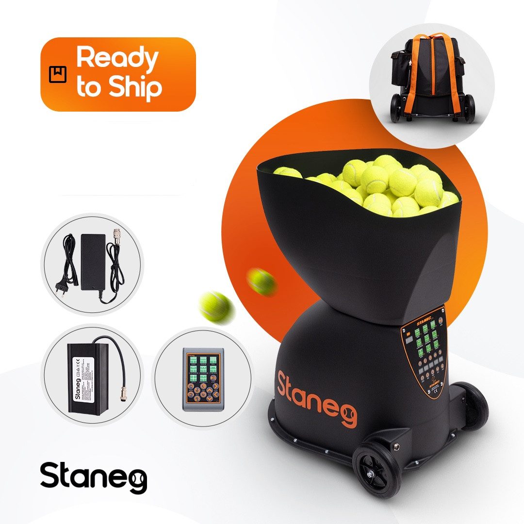 Staneg Tennis-Ballmaschine Staneg Pro Tennis Ballmaschine – 9 Programme, 30–125 km/h, (5-St), Fernbedienung, Akku, 150 Bälle, mobil, klappbar, Profi Trainingsgerät