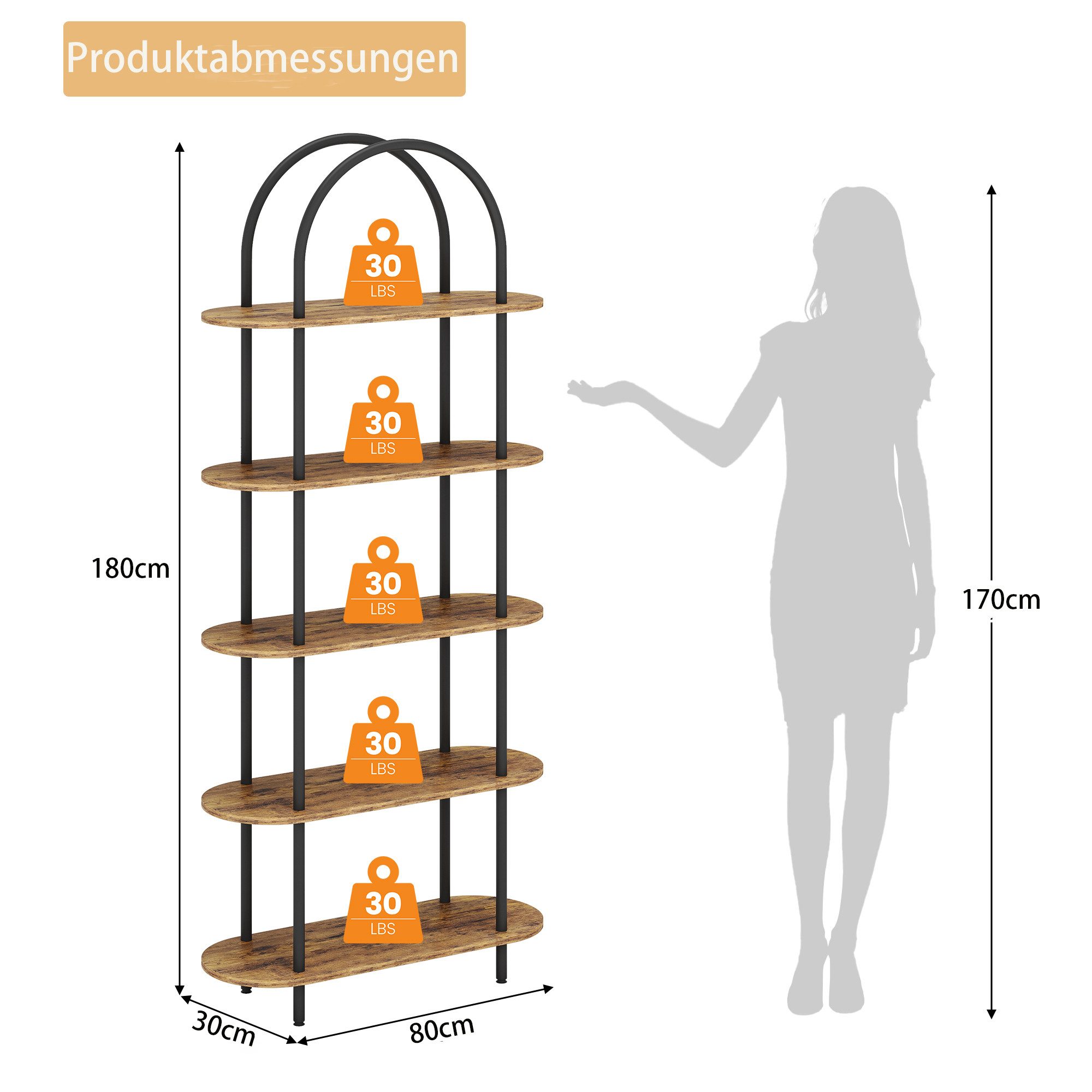 GarveeMore Bücherregal gewölbtes Bücherregal Standregal mit 5 Ebenen 80x30x180cm – Bild 2 von 5