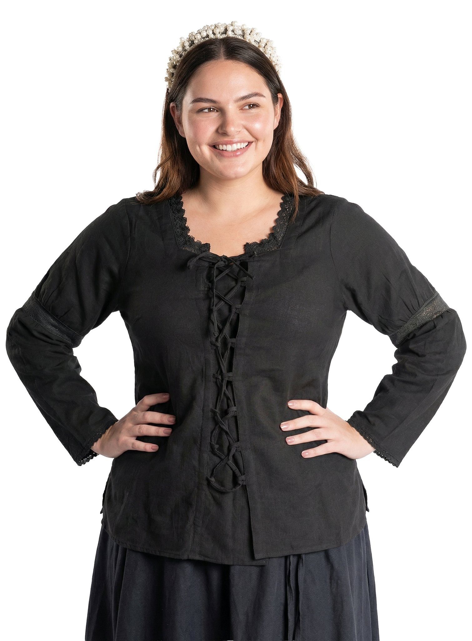 Metamorph Kostüm Mittelalter Schnürbluse mit Spitzenborte schwarz, Hochwertige und authentische Mittelalterkleidung zu unschlagbar günst