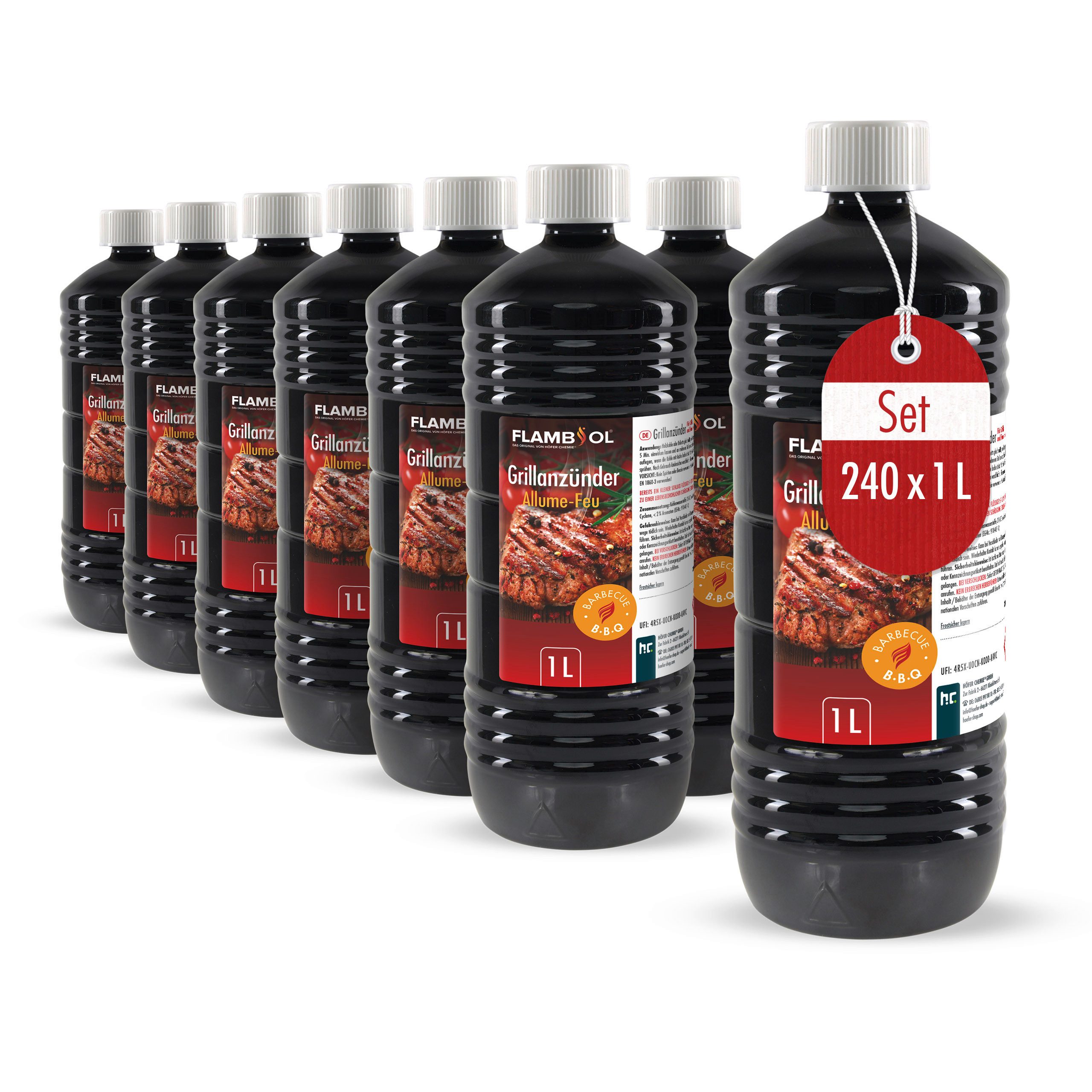 Höfer Chemie GmbH Grillanzünder 240x 1 L FLAMBIOL® Grillanzünder flüssig, 240 l, (240-St), Sicheres Anzünden von Grill und Kamin
