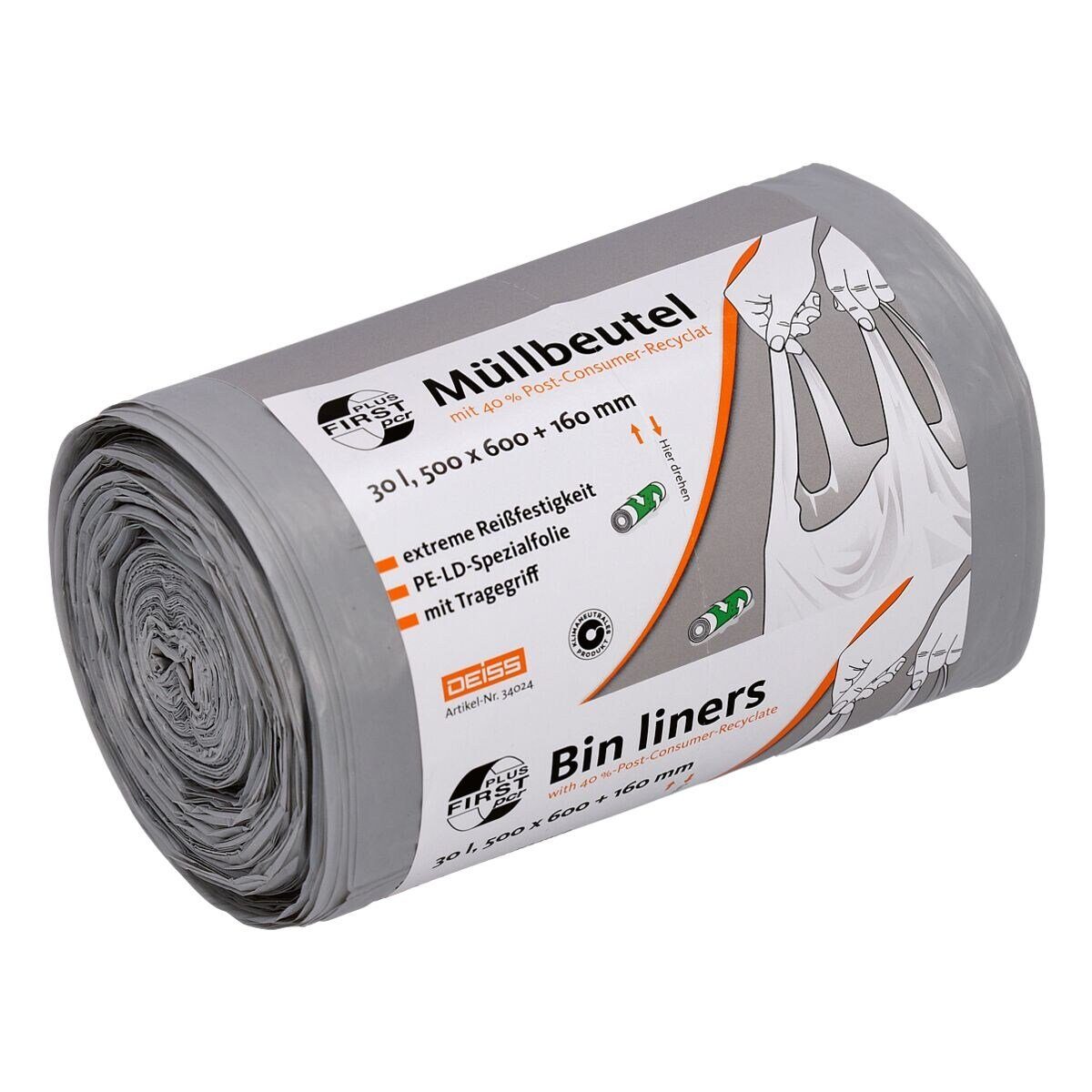 Deiss Мусорные урны FIRST PLUS pcr ®, extrem reißfest / mit Tragegriffen, 30 Liter, 50 Stück/Rolle, grau