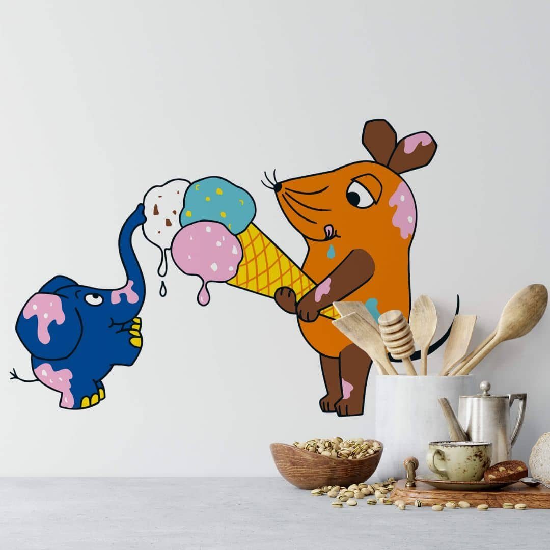 Die Maus Wandtattoo selbstklebende Kinderzimmer Wandsticker Eis essen mit Elefant, selbstklebende Wandsticker für Babyzimmer, hergestellt in Berlin