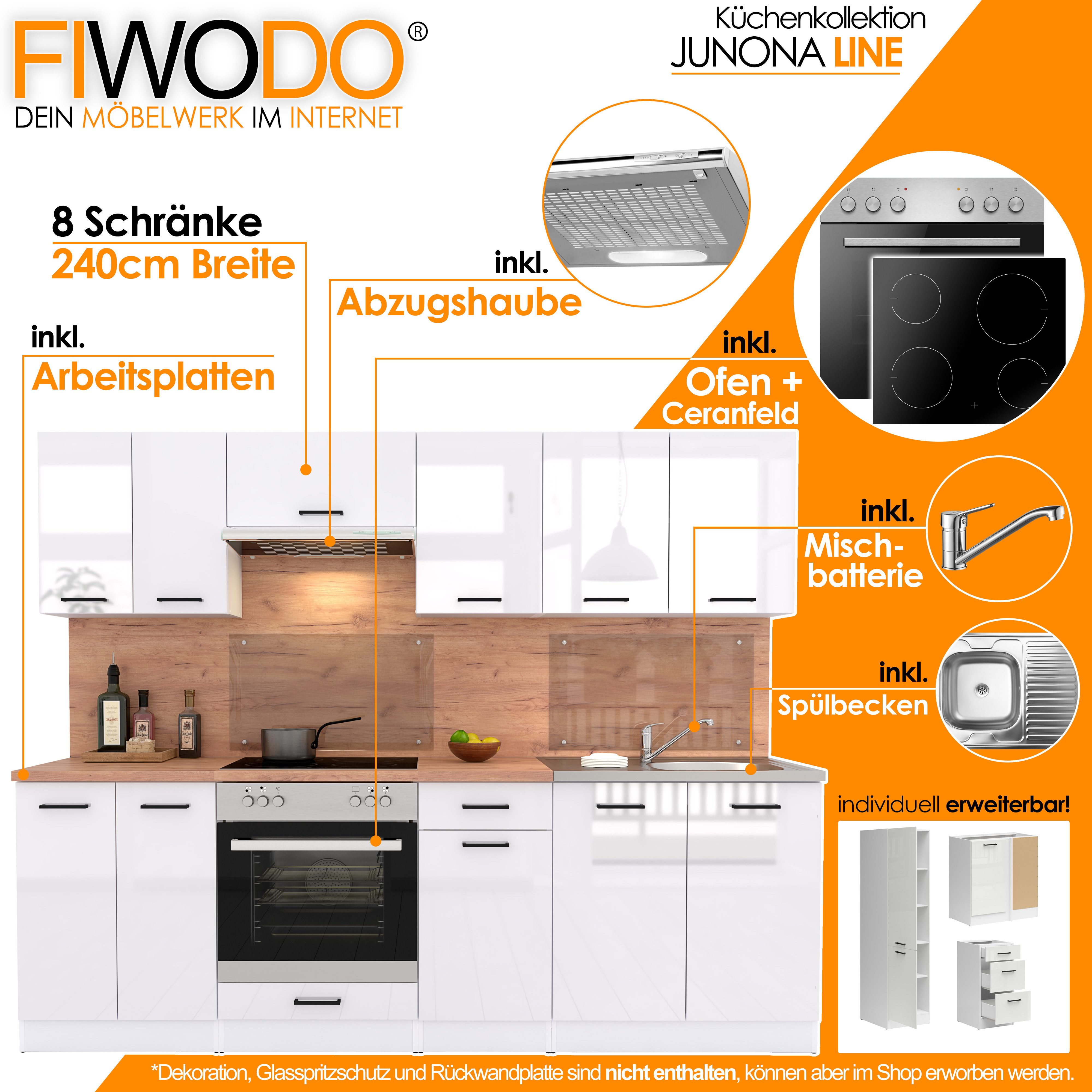 FIWODO.de - Dein Möbelwerk im Internet Küche Küchenzeile 240cm mit Elektrogeräten komplett Spülbecken Arbeitsplatte, (Set), mit E-Geräten, Breite 240cm, mit Spülbecken, mit Arbeitsplatte