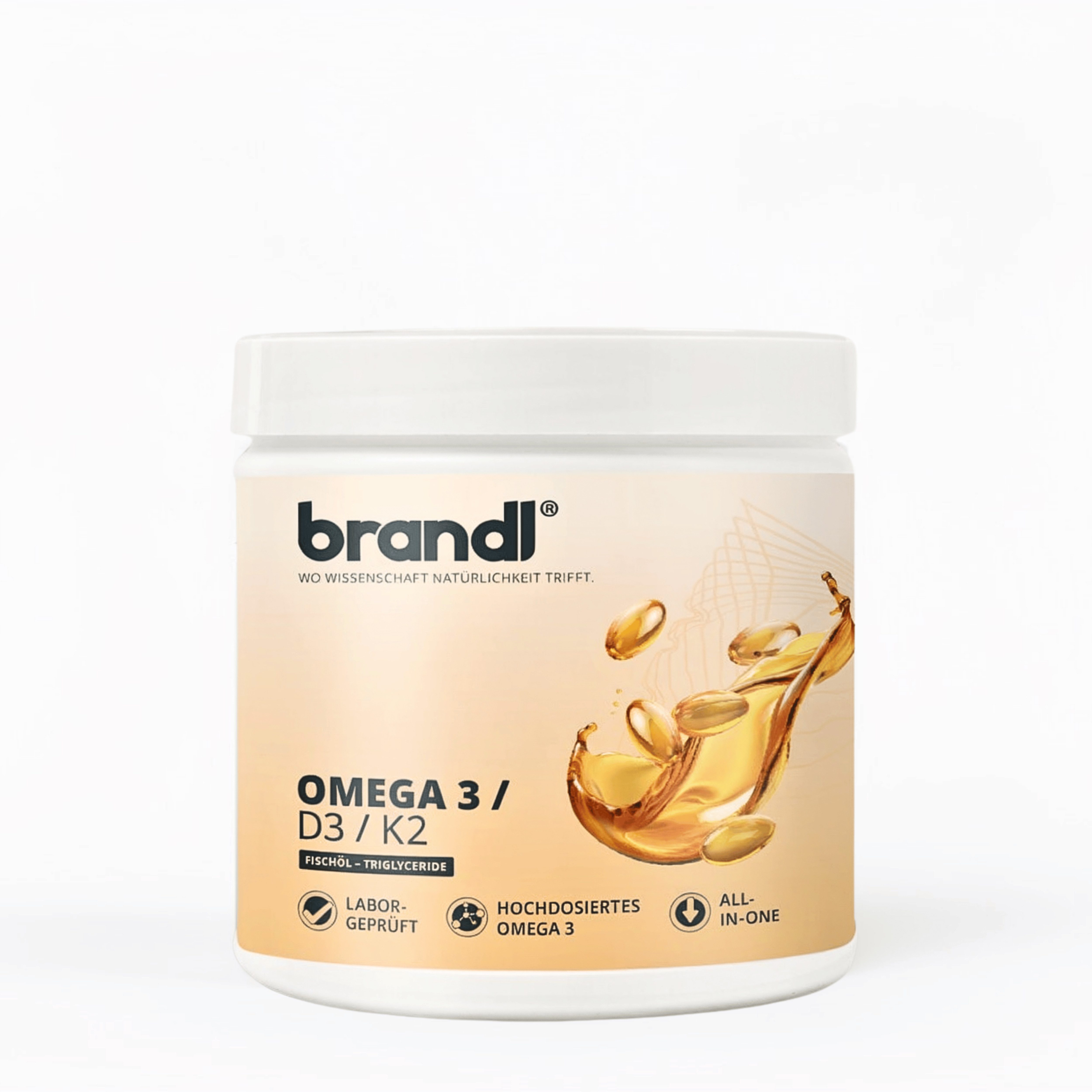 Brandl Nutrition Omega D3 K2 Kapsel hochdosiert, Premium Omega 3 mit Fischöl aus der EU Kapseln, Vitamin D3 aus Flechten, gute Kapselgröße, unabhängig laborgeprüft