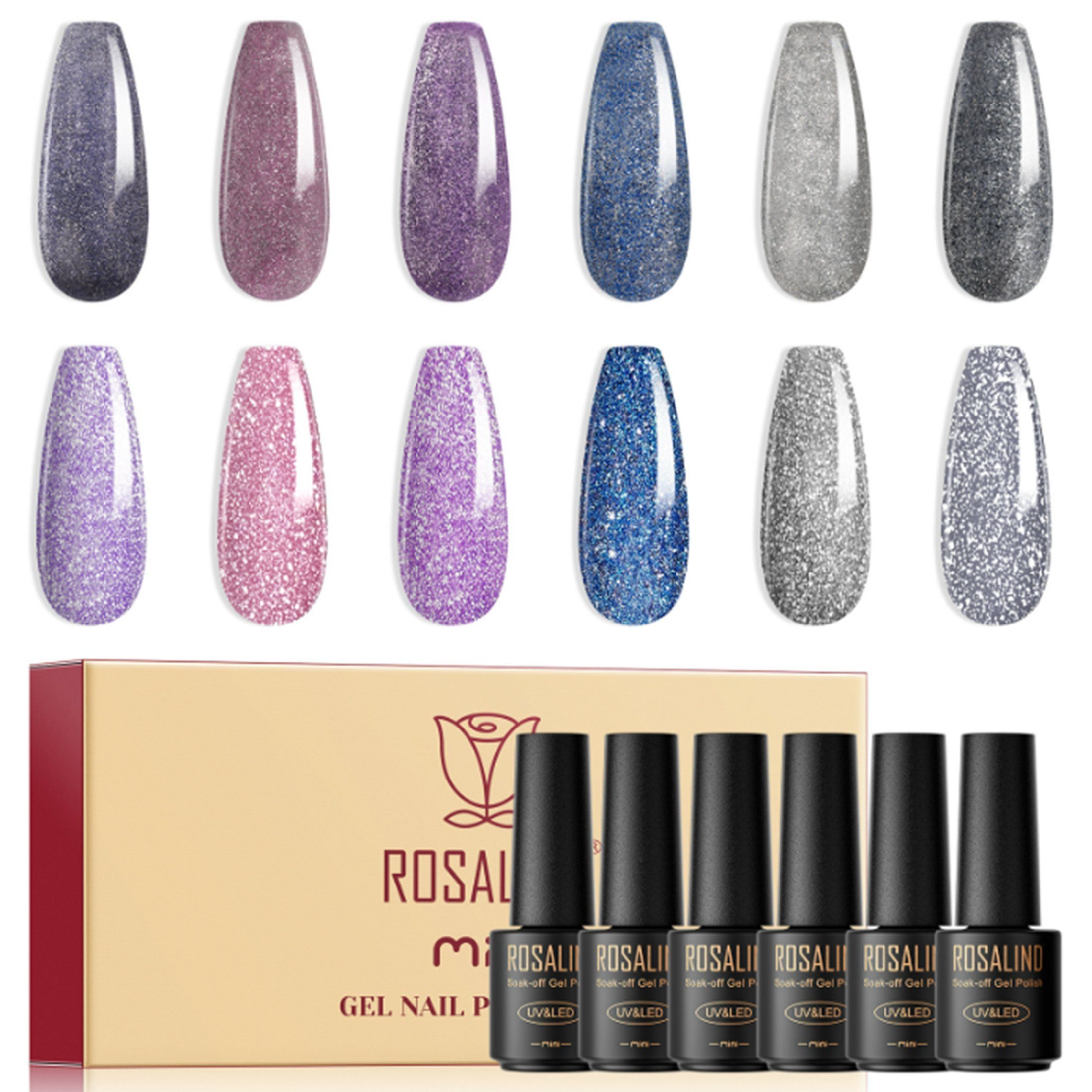 Scheiffy Nagellack-Set Nagelset,6 Farben Nagellack Set,UV Nagellack Set,Nagellack Gel Set, Zerkleinerte Diamanten,feiner Glitter,Makronenfarbe