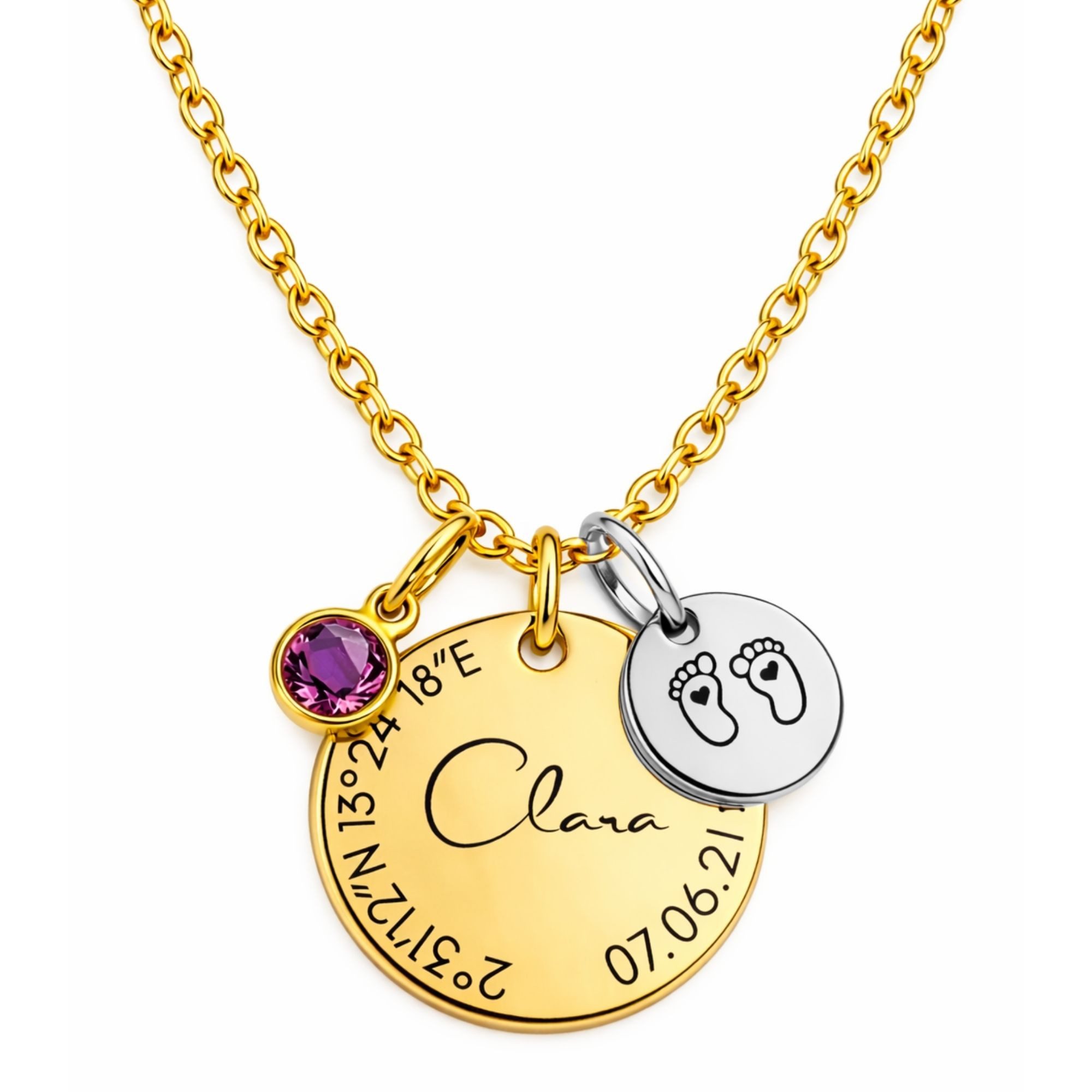 BS Schmuckdesign Kette mit Anhänger mit Gravur Personalisierte Halskette Damen Gravur Geburtsstein Koordinaten (inkl. Gravur), vollständig personalisierbar inkl. Geschenkbox
