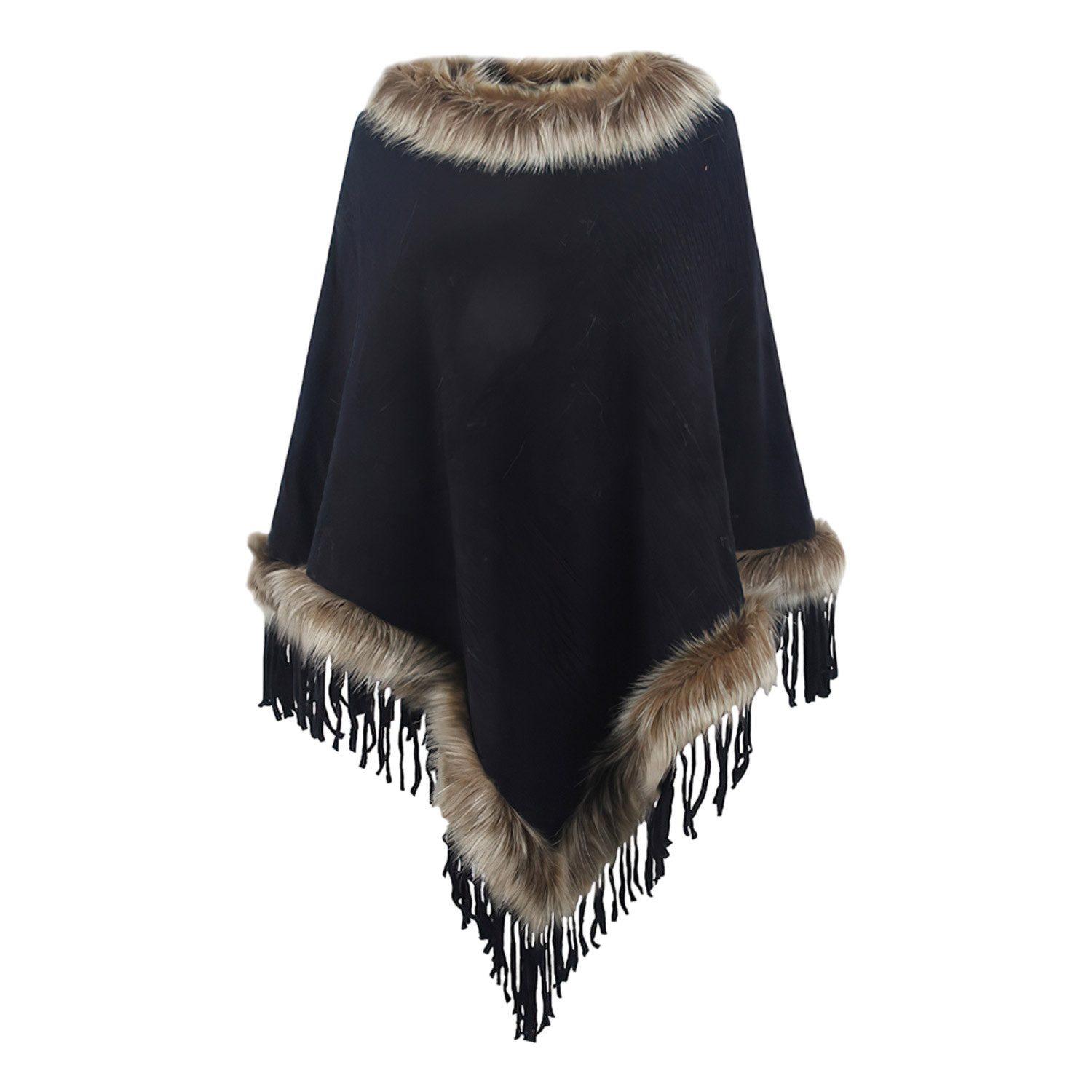 Refttenw Poncho Poncho mit Fransen,Warmer Winterponcho,Kunstfellkragen Wickelschal