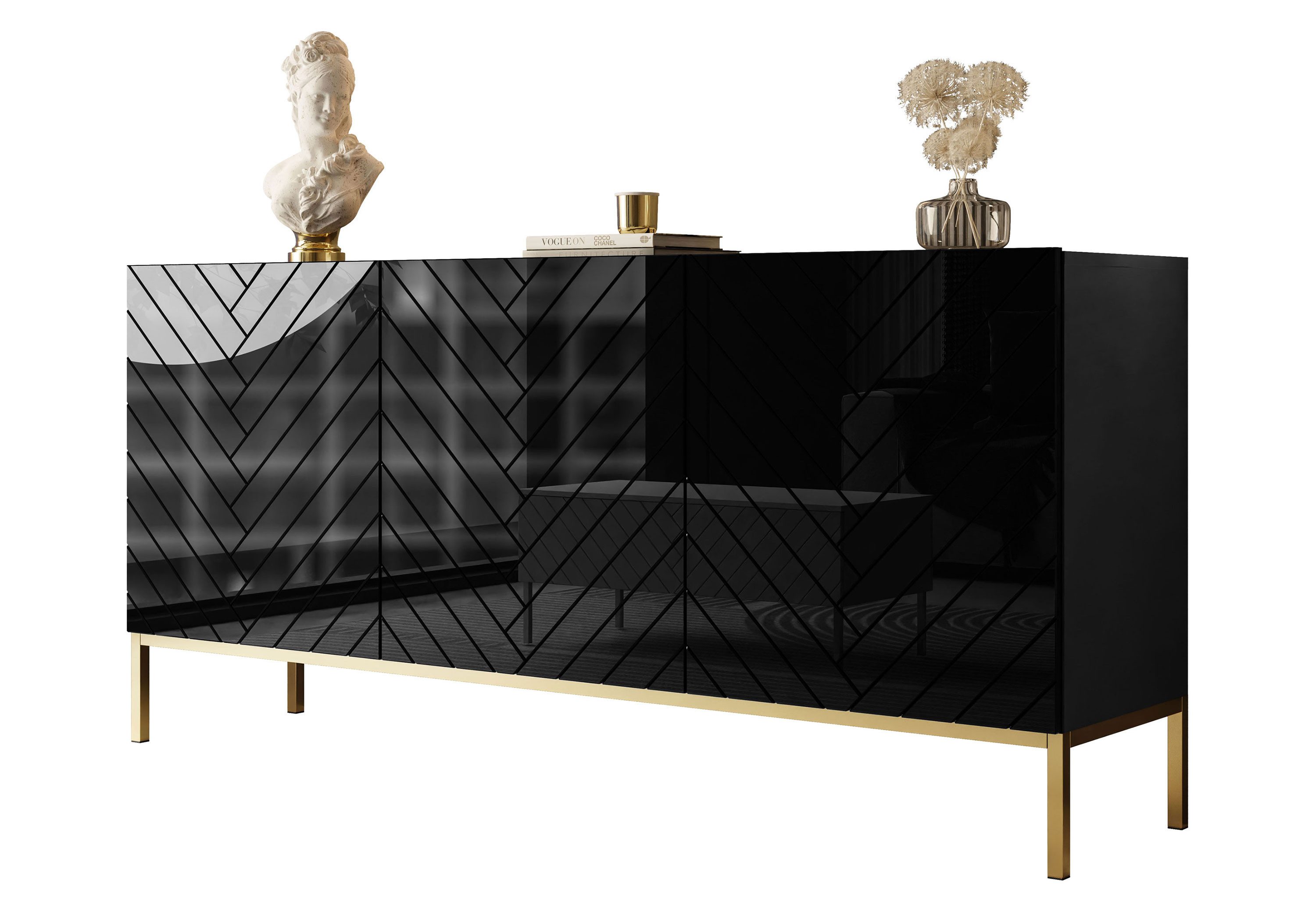 Lookway Kommode SANTILE auf goldenen Beinen Hochglanz, 160x37x75,4 cm