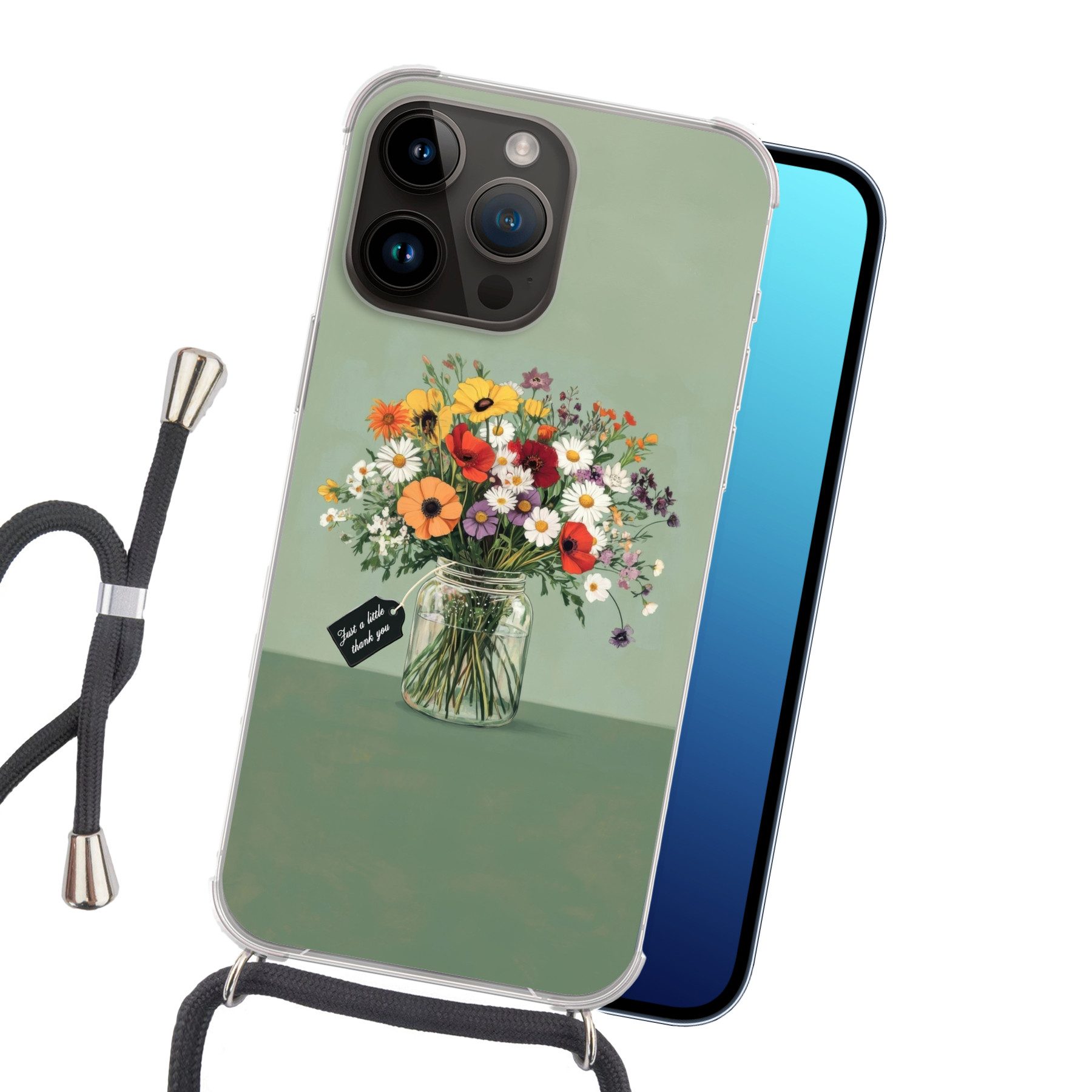 MuchoWow Handyhülle für Apple iPhone 14 Pro Blumen - Vase - Karte, Tragbare Handyhüllen mit Kette zum umhängen, Handykette Handyband