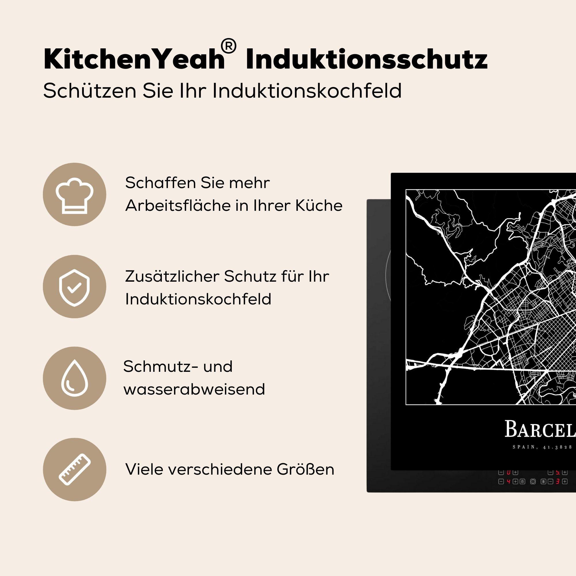 Induktionskochfeld, Vinyl, Induktionsschutz, (1 - Stadtplan cm, 57x51 tlg), Karte, Barcelona MuchoWow - Herdblende-/Abdeckplatte Ceranfeldabdeckung