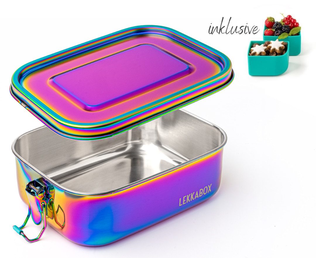 LEKKABOX Lunchbox Rainbow Safe, 800ml - Kinder Edelstahl Brotdose 3 Fächer auslaufsicher, Auslaufsicher, mit Bento-Cups zur flexiblen Unterteilung in Fächer