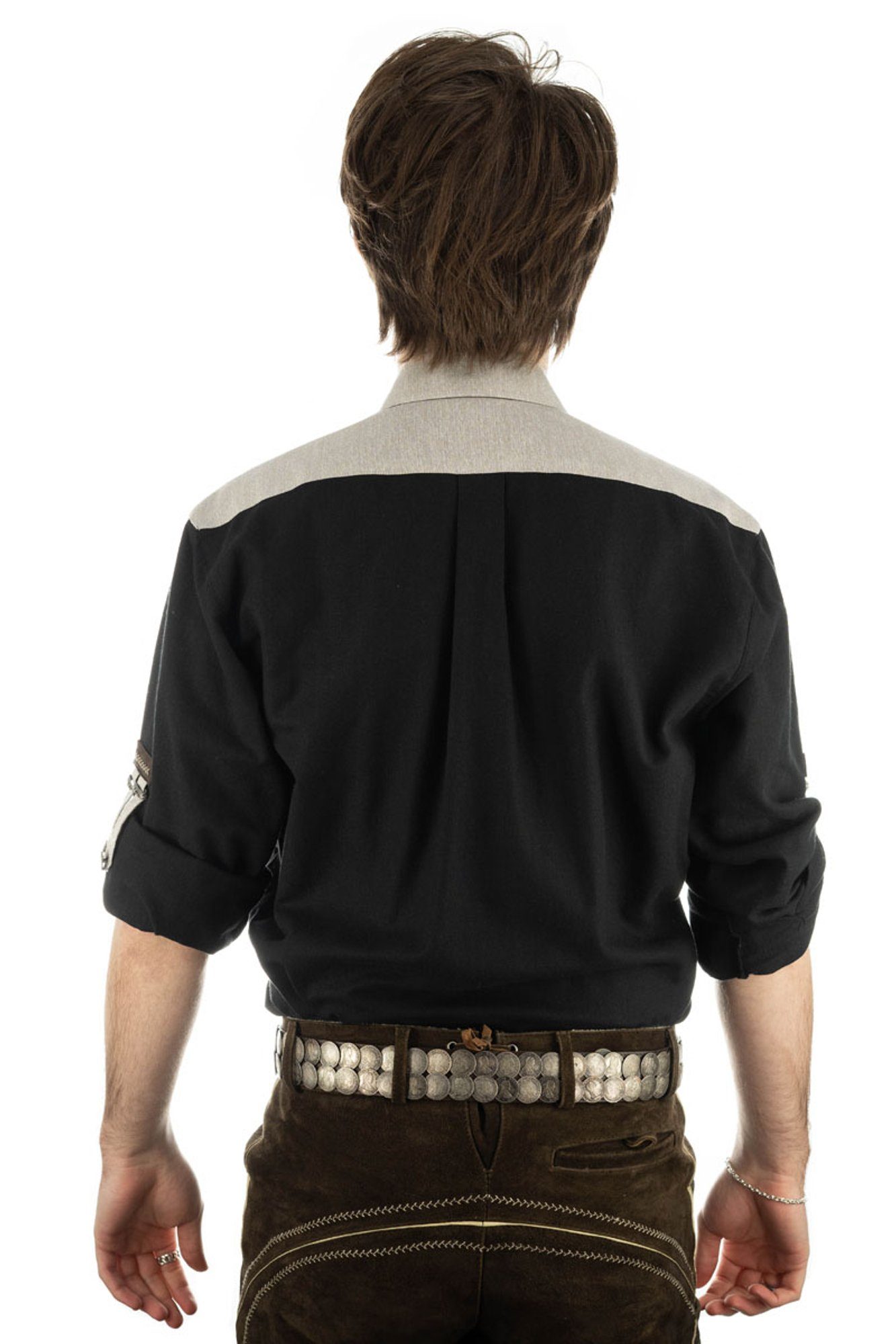 OS-Trachten Trachtenhemd Nevai Langarmhemd schwarz mit auf Knopfleiste Paspeltasche, der Zierteile