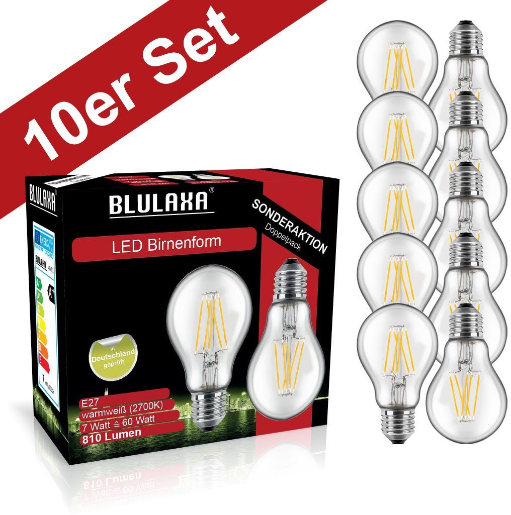 BLULAXA LED-Filament Retro Filament, Warmweiß, E27, klar 10 Birnenform, St., 10er-Set, Promotion-Pack Multi