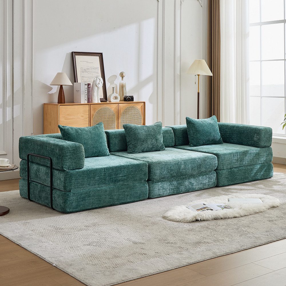 Vankel 3-Sitzer Sofas Wohnzimmer, 3-Sitzer Sofa mit Schlaffunktion Chenille, Modulares Schlafsofa, faltbar, komfortabel und ohne Montage