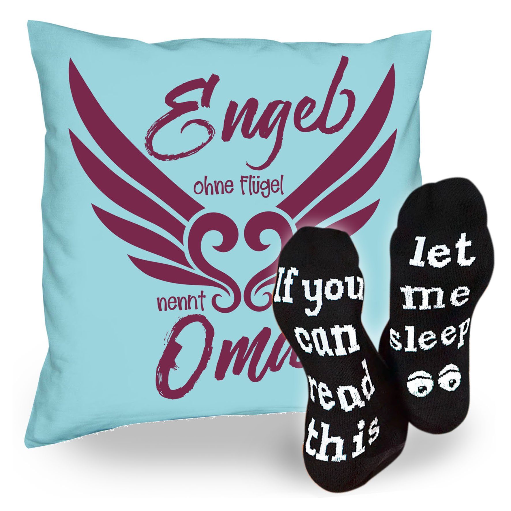 Soreso® Dekokissen Kissen Engel ohne Flügel nennt man Oma & Sprüche Socken Sleep, Geschenkidee Weihnachtsgeschenk hellblau