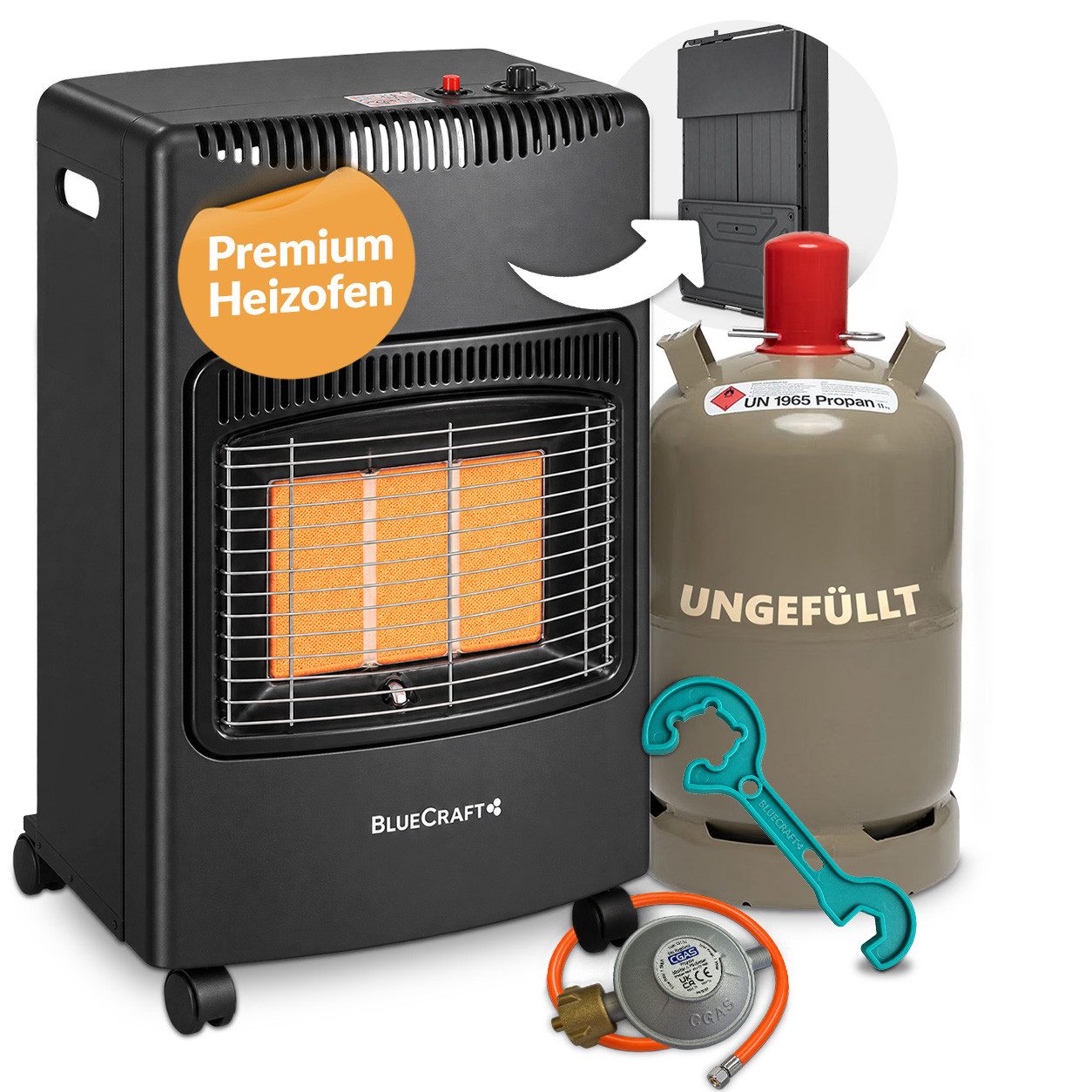 BlueCraft Heizstrahler PREMIUM Gasheizung Gasofen 4200 W Campingheizung Gas-Heizstrahler, 4200 W, 3-Stufen-Regulierung, Kompakt, Mobil, Mit Gasdruckregler + Schlauch