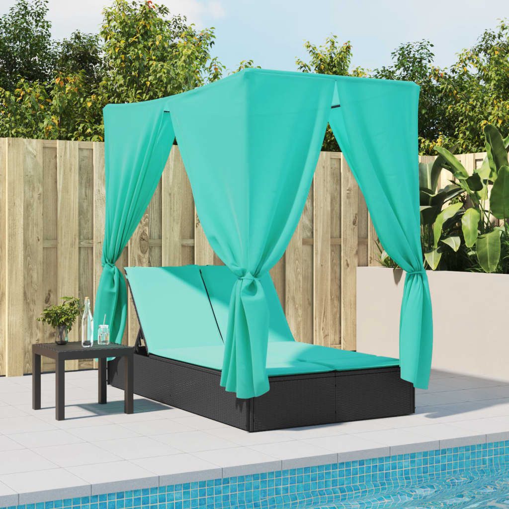 vidaXL Gartenliege Doppel-Sonnenliege mit Dach und Vorhängen Schwarz Poly-Rattan, 1 St.