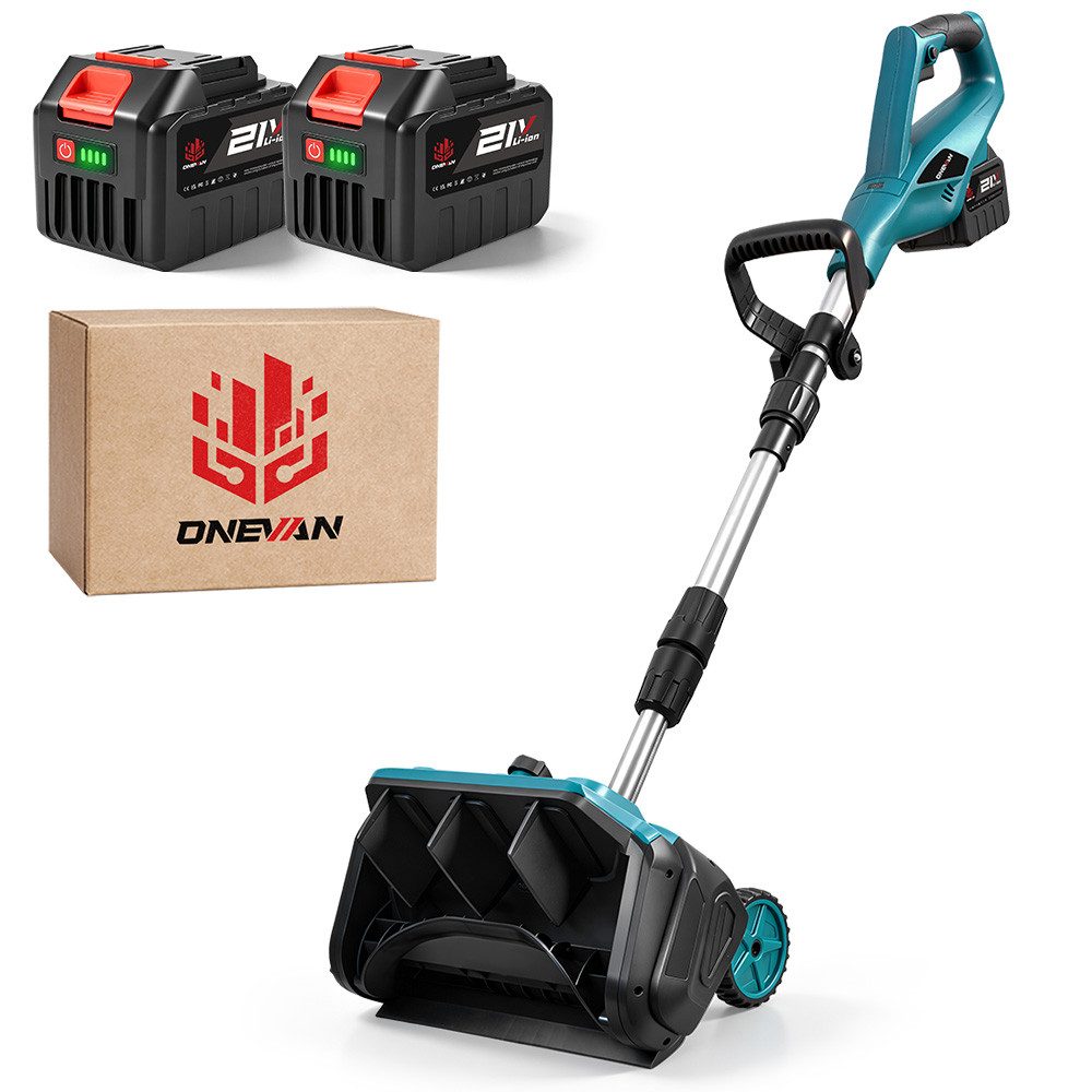 ONEVAN Akku-Schneefräse 1000W bürstenloser Motor, 2500 U/min, kabellose Elektro-Schneeschaufel, 33 cm Arbeitsbreite, (mit 2 × 21V-4000mAh Akkus), 32 cm Arbeitsbreite, verstellbare Richtungsplatte, Teleskopstange
