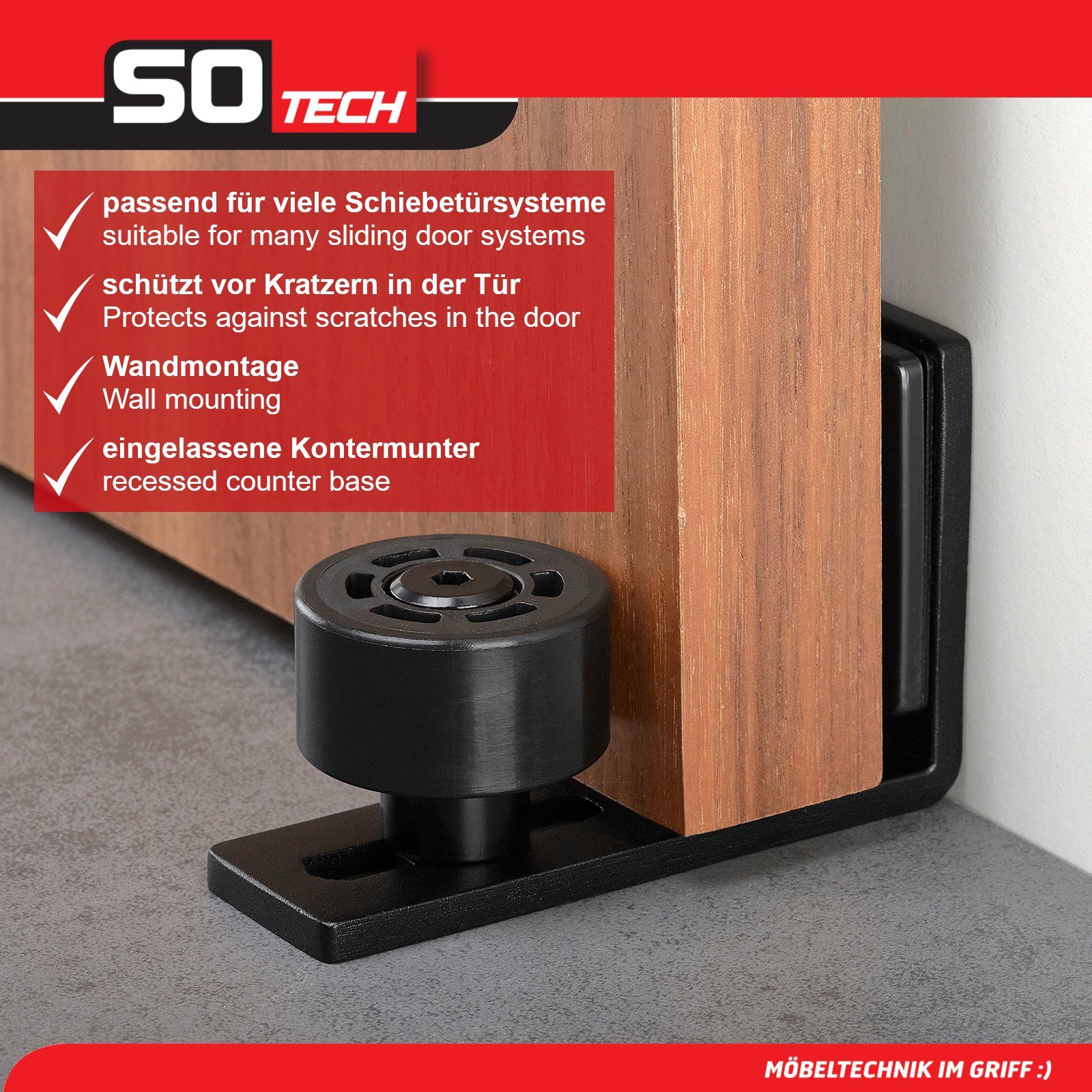 SO-TECH® Schienensystem Schiebetür-Bodenführung, einstellbare Bodenführung, Wandmontage, Rollenführung für Türdicke 17 bis 49 mm – Bild 2 von 5