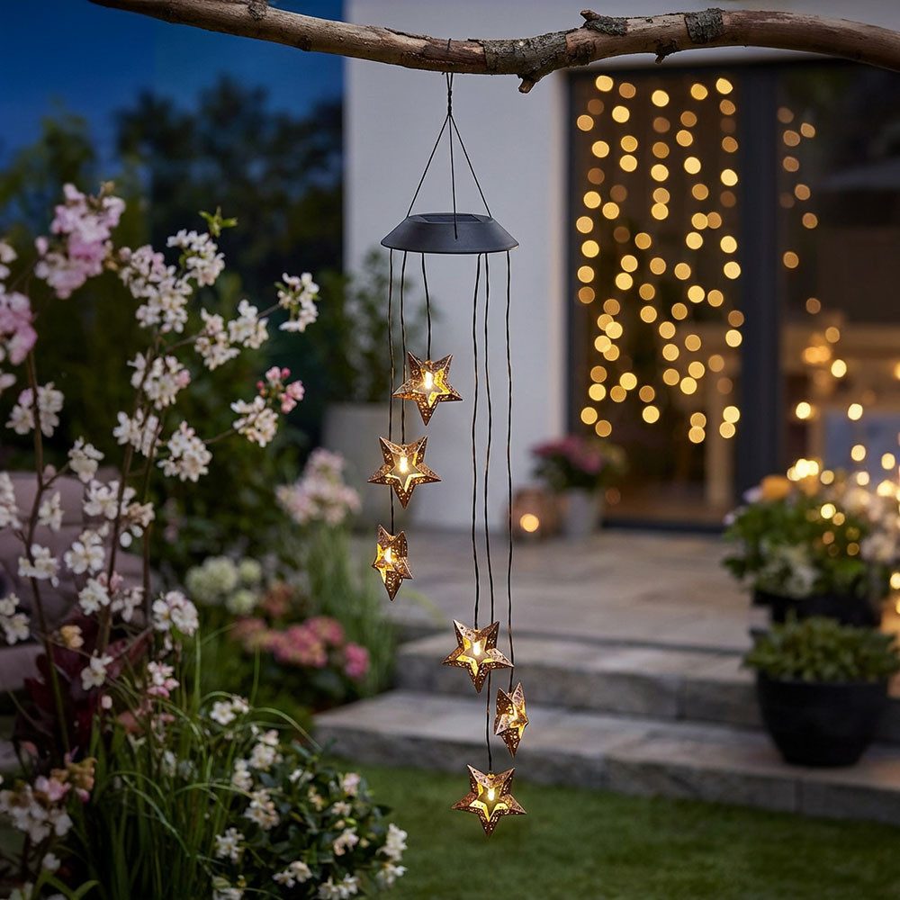 Haushalt International LED Dekolicht, LED-Leuchtmittel fest verbaut, Warmweiß, LED Solar Windspiel Hängeleuchte Garten Außen Sterne H 70 cm 2er Set