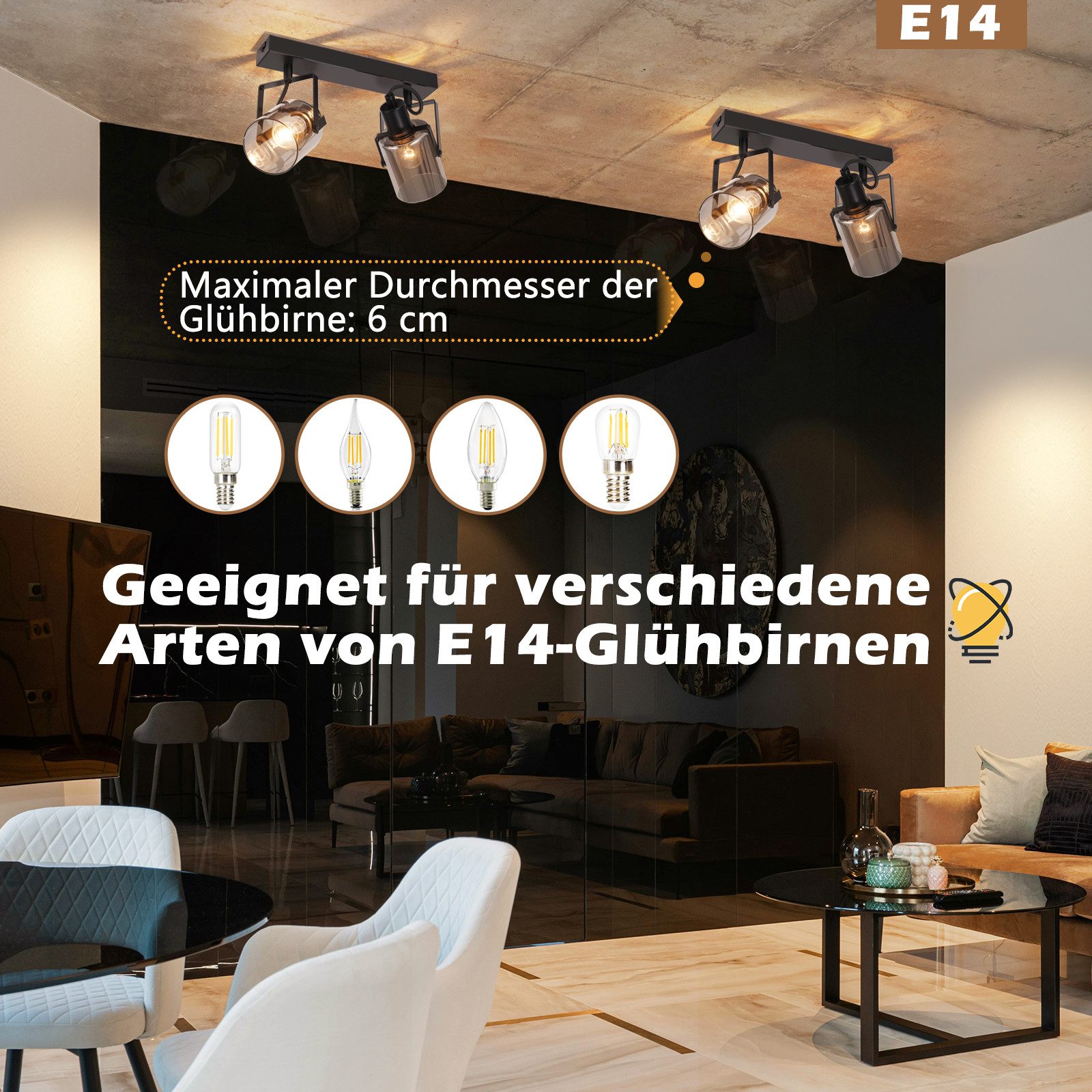Nettlife Deckenstrahler Vintage 1/2/3/4 flammig Deckenspot Glas Rauchgrau E14, 350° Schwenkbar, ohne Leuchtmittel, für Wohnzimmer Schlafzimmer Flur Küche Esszim – Bild 4 von 5