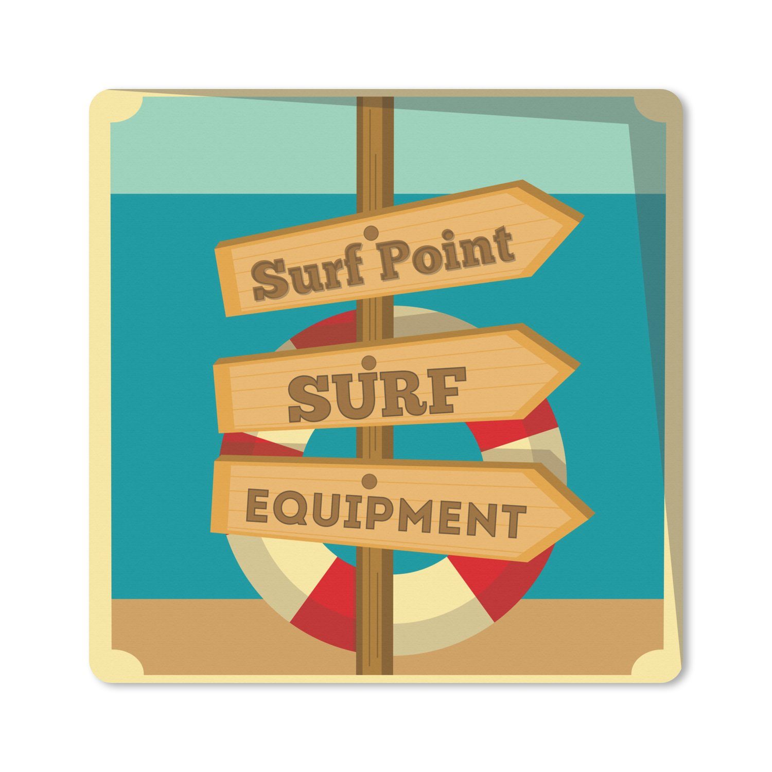 MuchoWow Gaming Mauspad Illustration von "Surf Point, Surfausrüstung" und einer Rettungsboje (1-St), Gaming, Rutschfester Unterseite, Mausunterlage, 50x50 cm, XXL, Großes