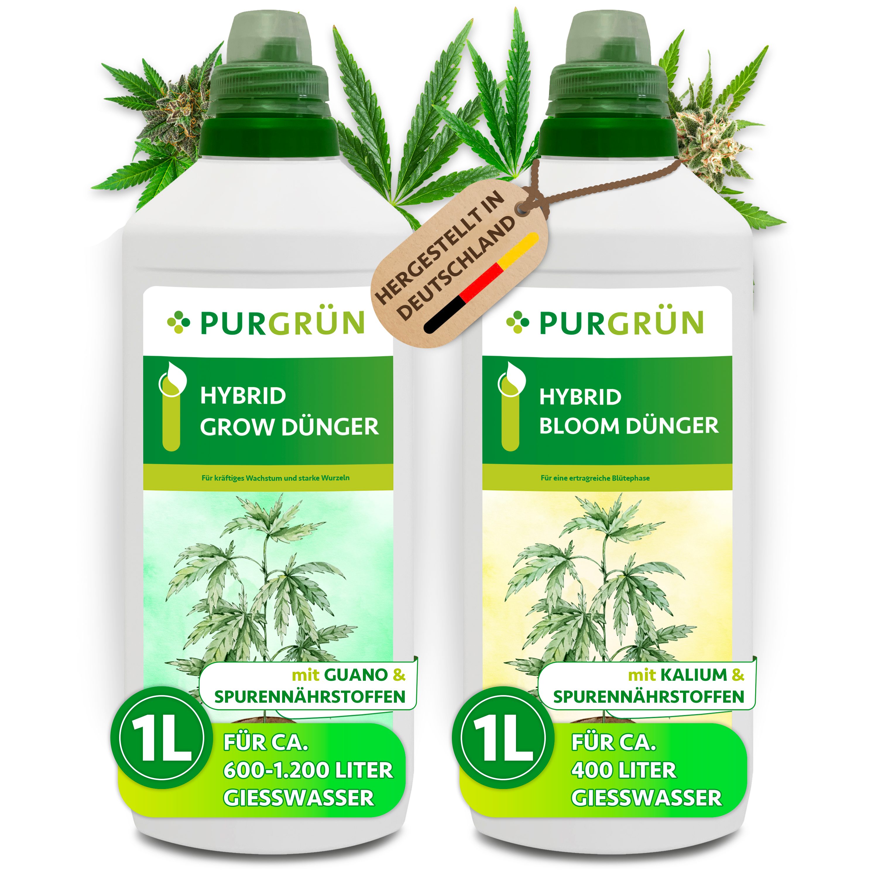 Purgrün Pflanzendünger Hybrid Dünger Set, NPK für Wachstum & Blüte, 2L, Flüssigdünger, 2-St.