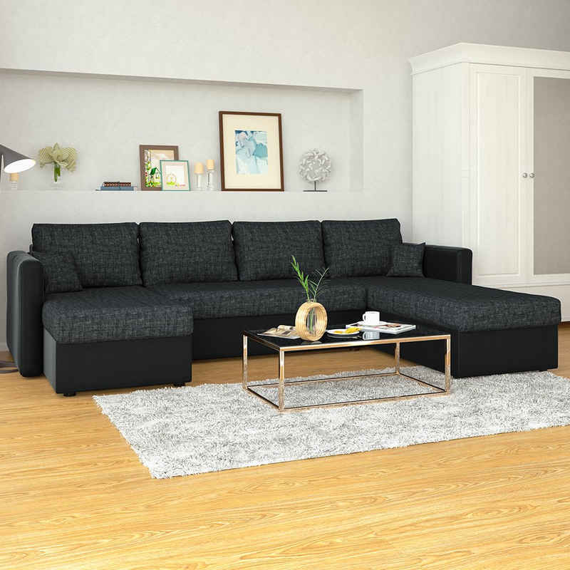 Vicco Wohnlandschaft Ecksofa mit Schlaffunktion XXL Schwarz / Grau, mit Stauraum