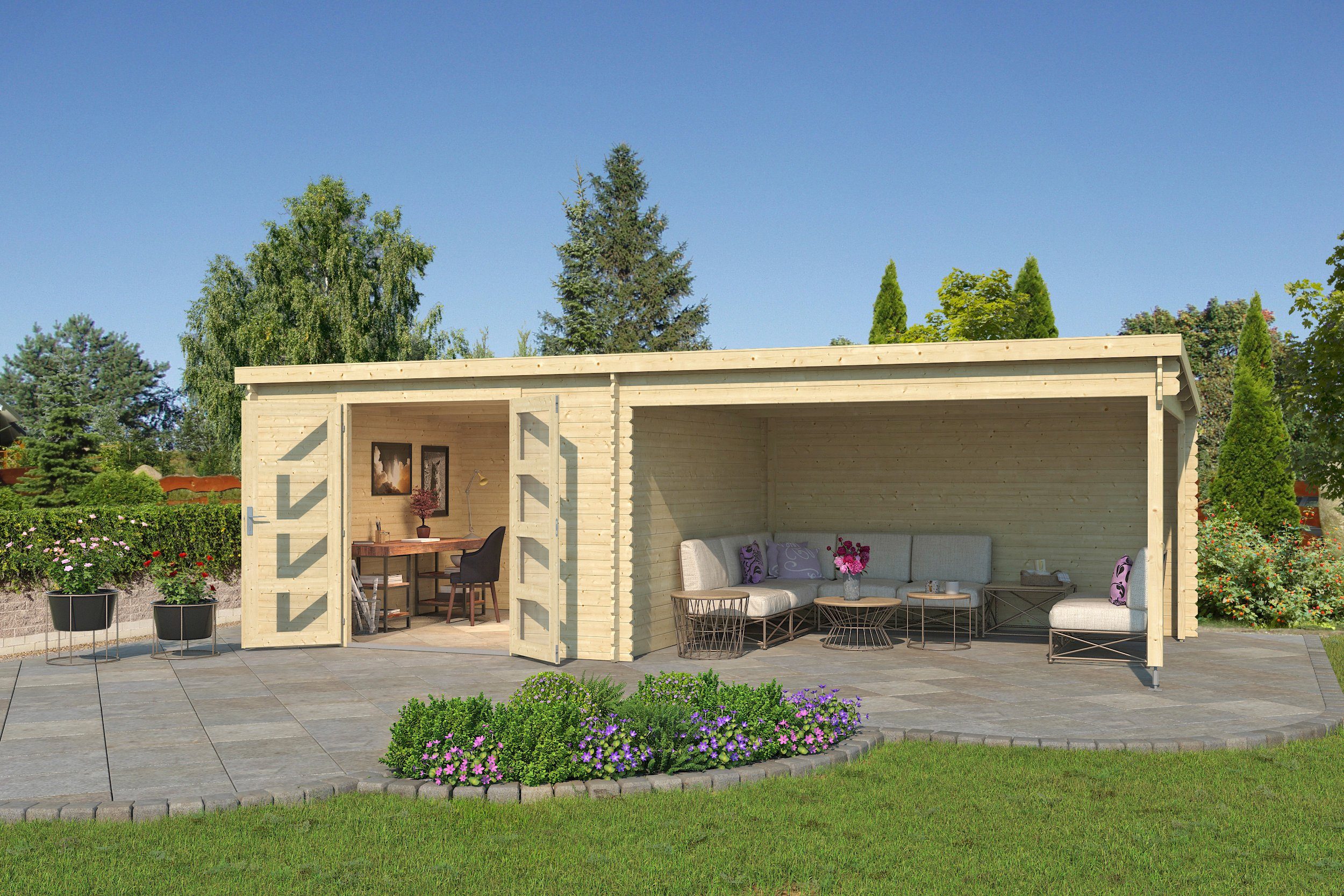 LASITA MAJA Gartenhaus New Orleans, BxT: 730x359 cm, (Set), Blockbohlenhaus 28mm mit Anbau