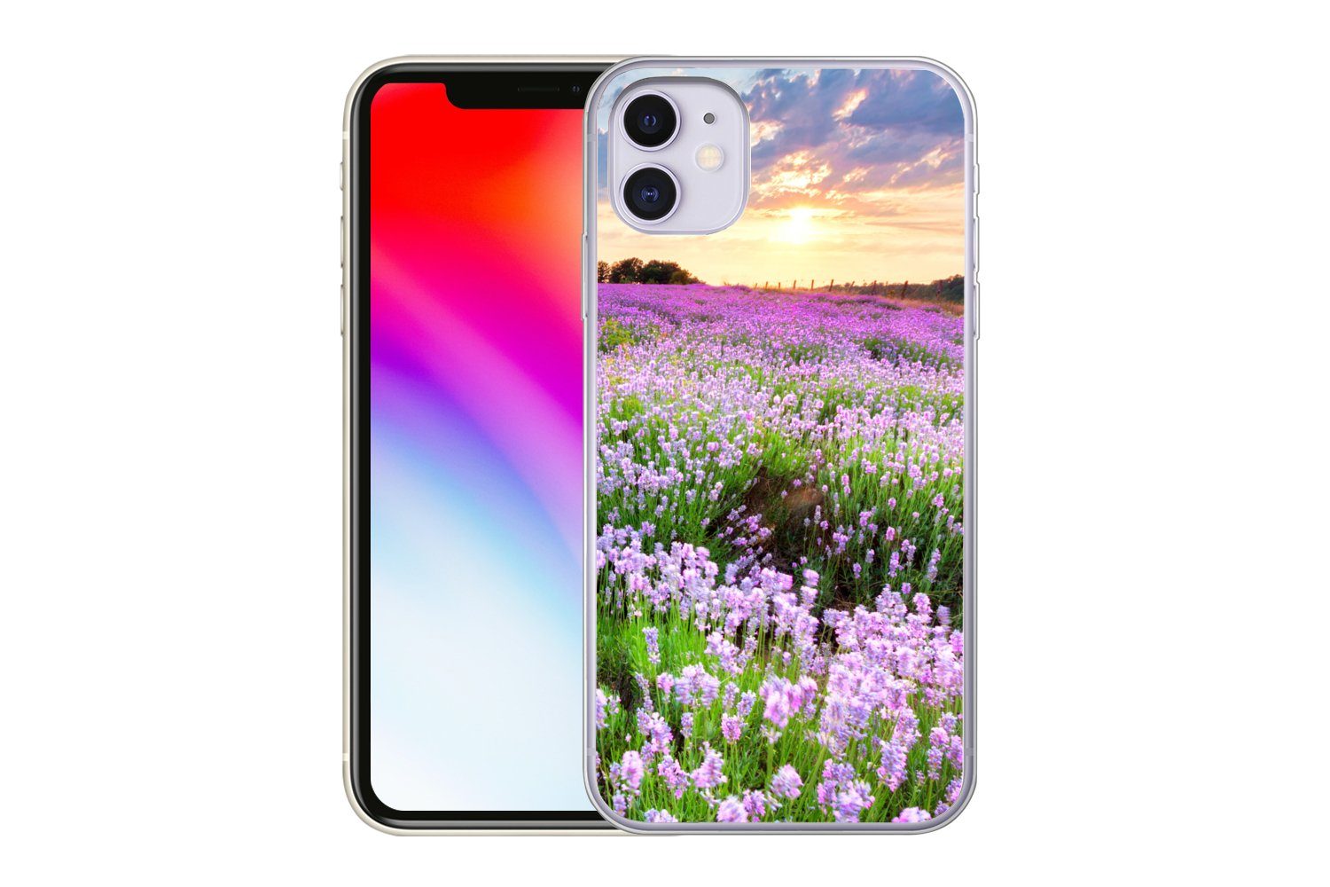 MuchoWow Handyhülle für Apple iPhone 11 Blumen - Lavendel - Lila - Himmel - Sonnenuntergan, Smartphone-Bumper, Print, Handy Schutzhülle Dünn