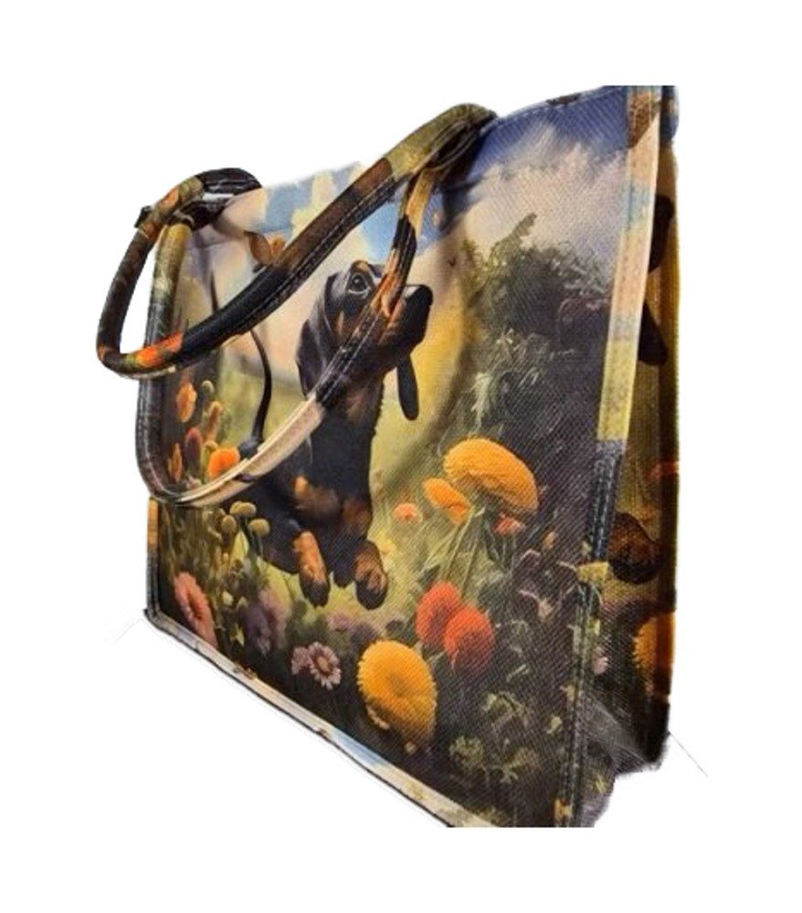 Einkaufszauber Shopper Shoppertasche Dackel - Strandtasche Totebag Handtasche, Dackel jagt Schmetterlinge auf der Wiese – Bild 5 von 5