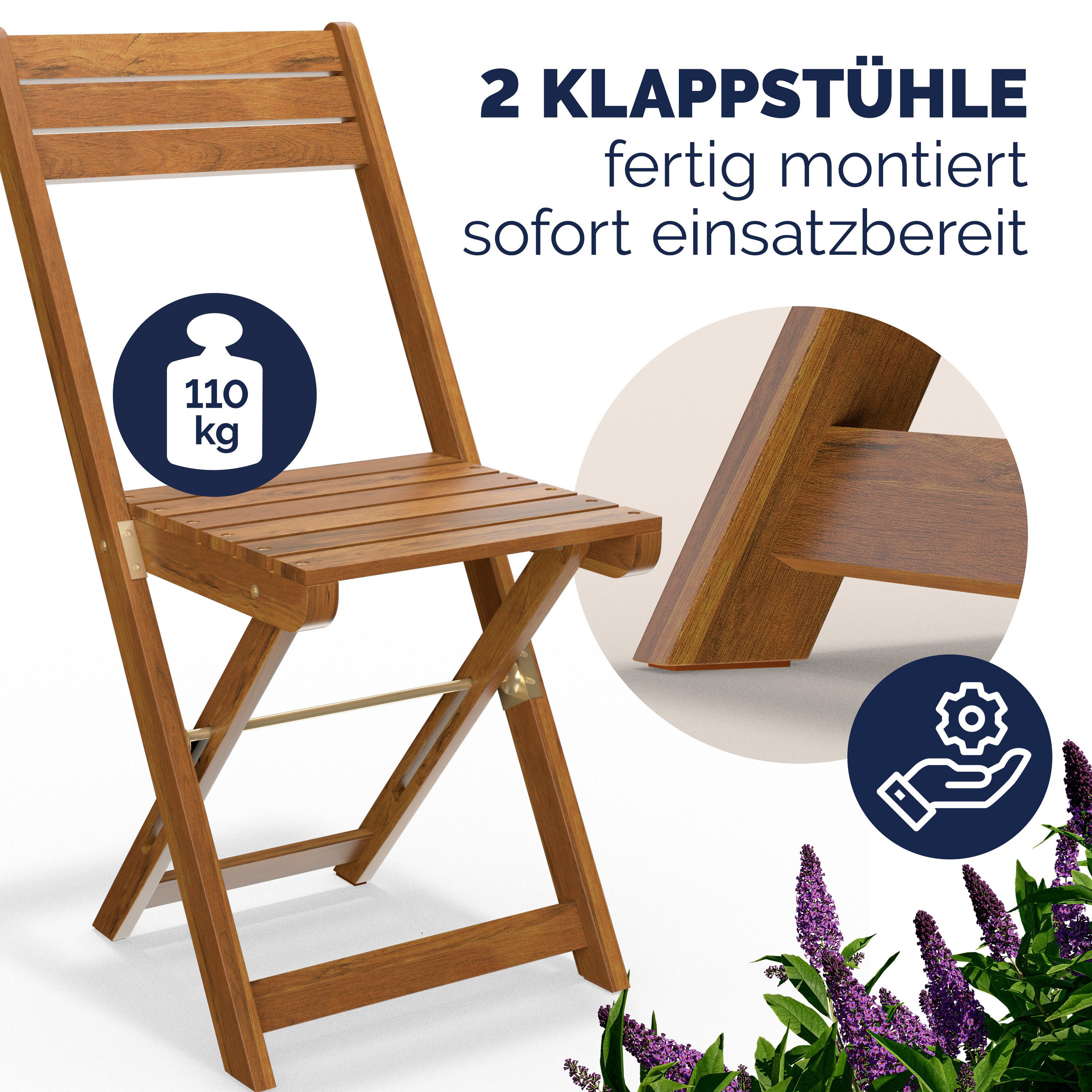 Casaria Balkonset Casaria, (3-tlg), 2 Personen Wetterfest Akazie 3-Tlg Vormontiert Klappbar Balkon