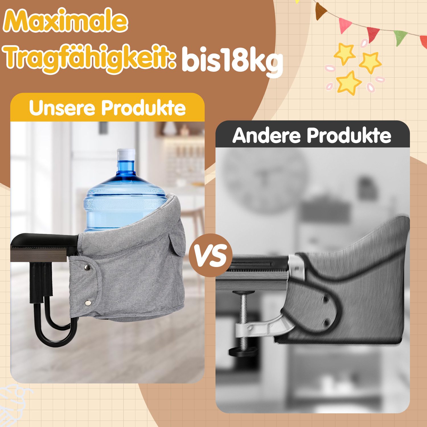 Clanmacy Tischsitz Tischsitz Baby klappbar bis 18 kg mit 7-Punkt-Gurt und Tasche Grau, mit 7-Punkt-Gurt