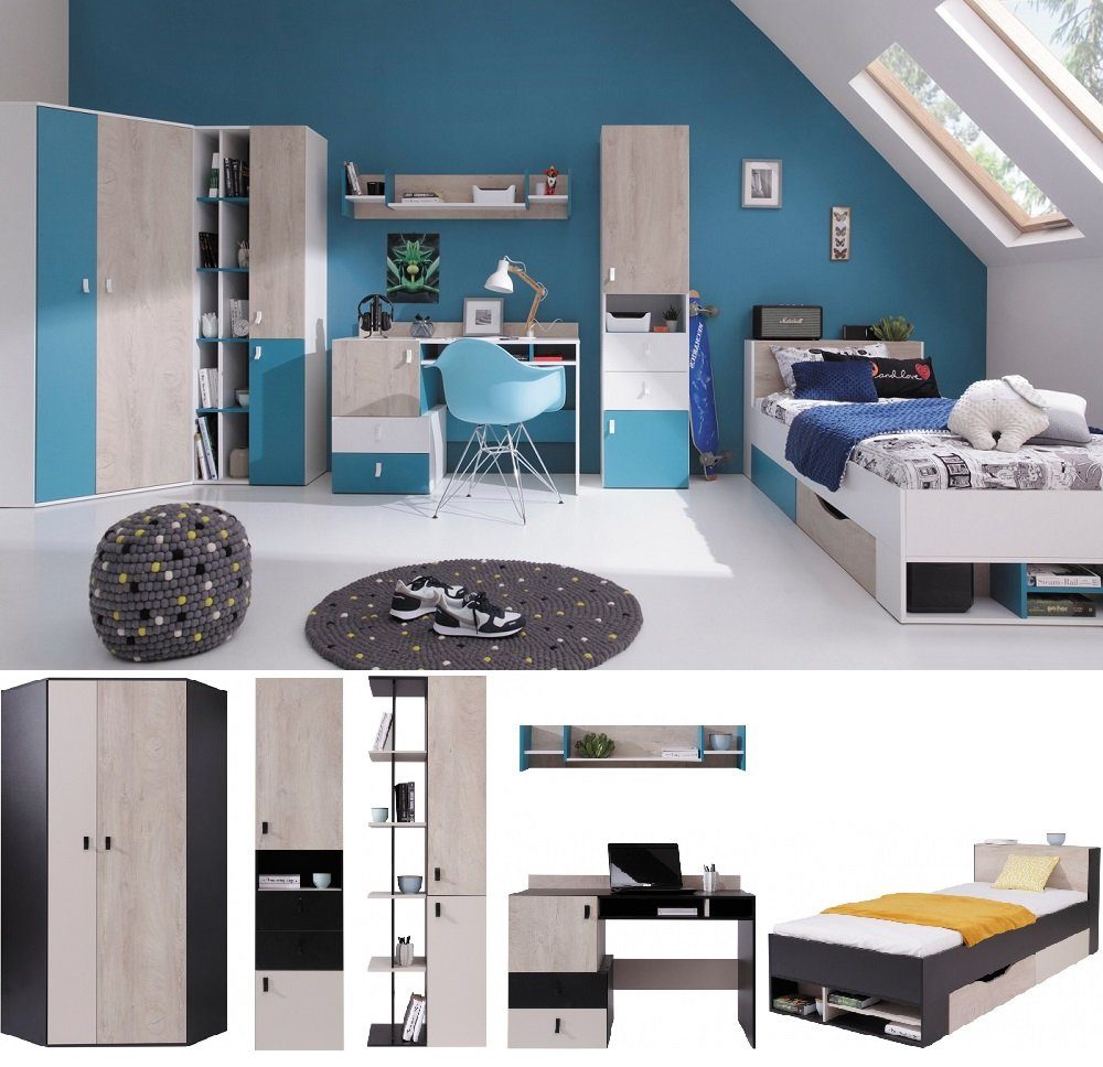 QMM TraumMöbel Jugendzimmer-Set Jugendzimmer komplett Space Set A Eckschrank Regale Bett, (Möbel-Set, 6-tlg., Eckschrank, Regale, Schreibtisch, Wandregal, Bett), Farbauswahl